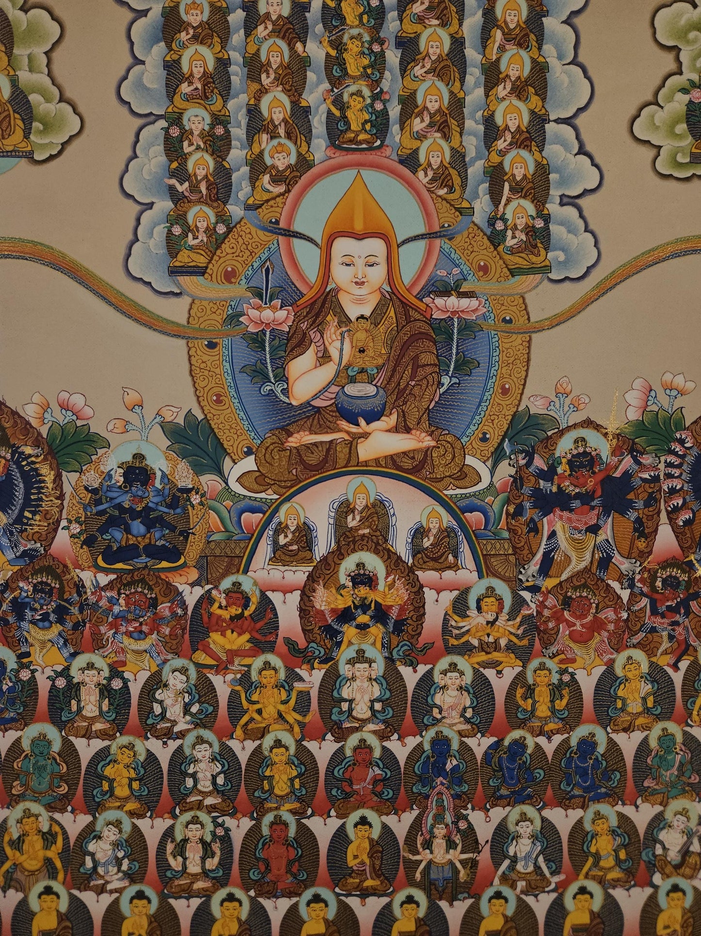 231. Gelug (Gelugpa) Lineage Tree Thangka (Thanka) Painting with 24 K Gold. Free Brocade / Free Shipping.