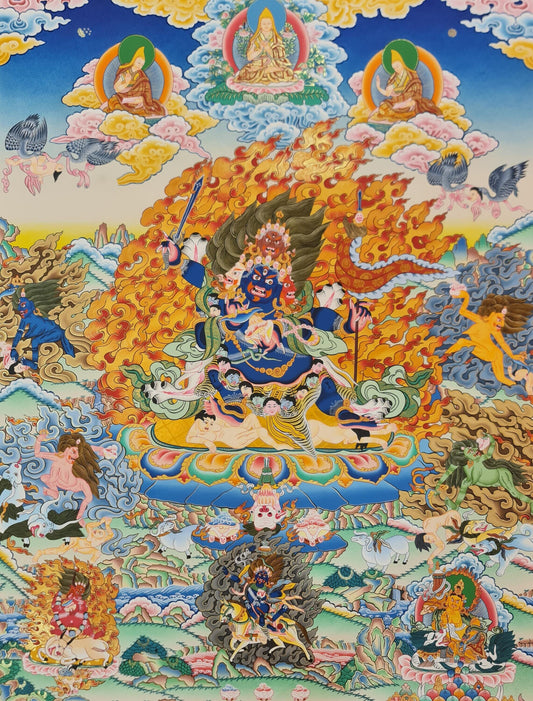 282. Gelug (Gelupa) Four Faced Mahakala (Great Black One) Thanka (Thangka). Free Brocade / Free Shipping.