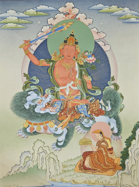 242. Red Manjushri Simhanada Thangka (Thanka). Free Brocade / Free Shipping.