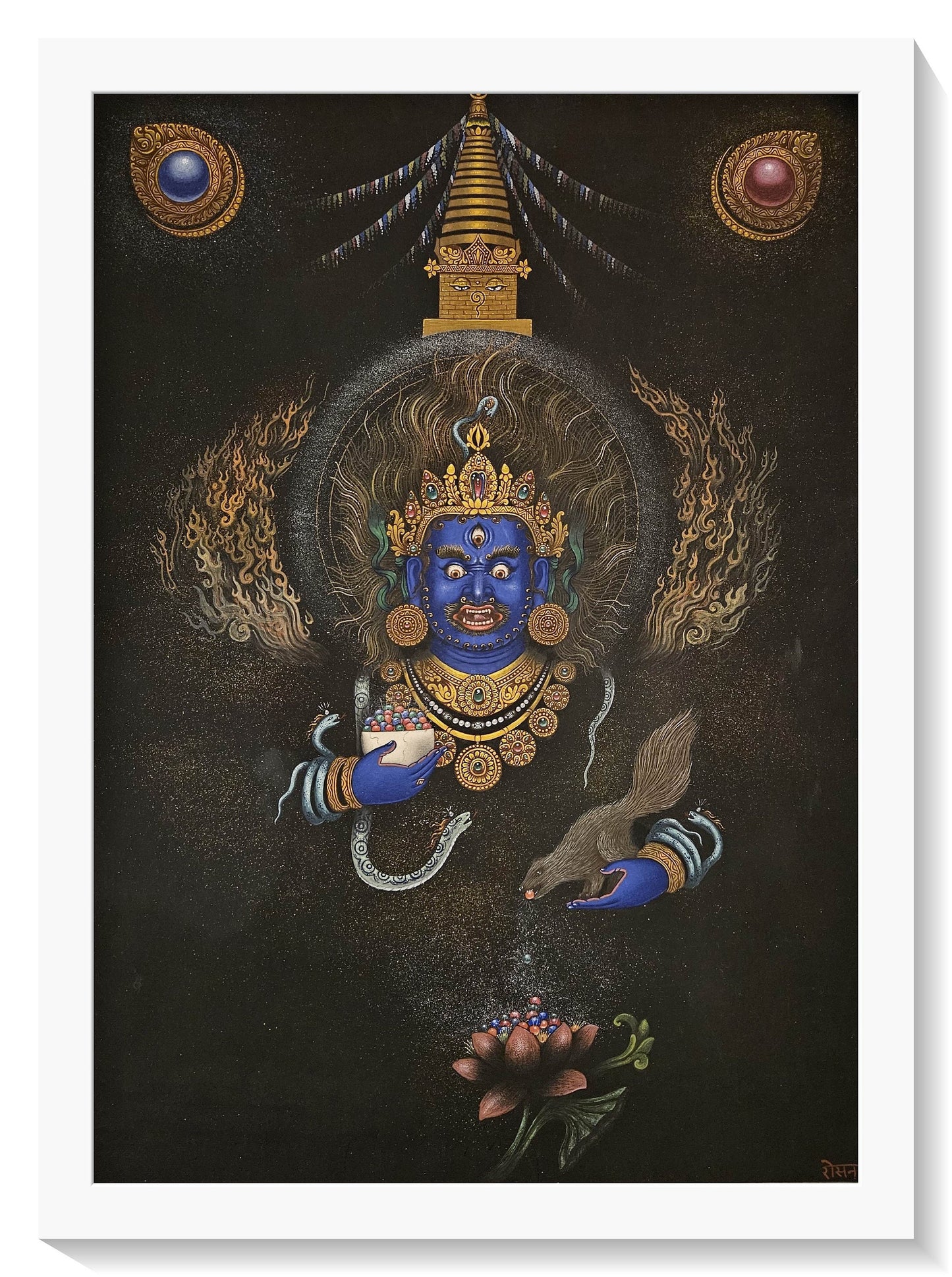 307. Black Jambhala or Dzambhala Newari Style Art Painting Paubha. Signed by the Artist. Free Shipping.
