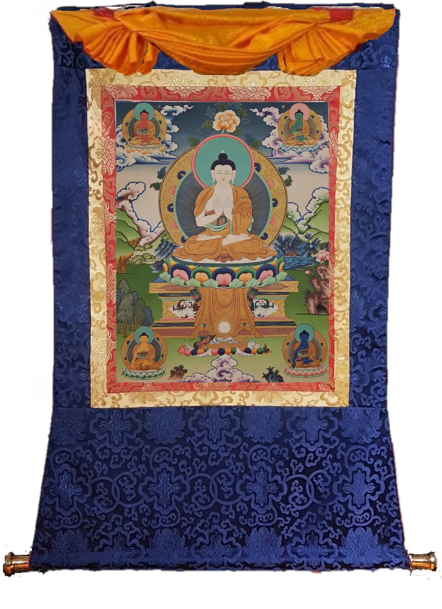 393. Five Pancha Dhyani Buddha Thangka (Thanka). Free Brocade / Free Shipping.