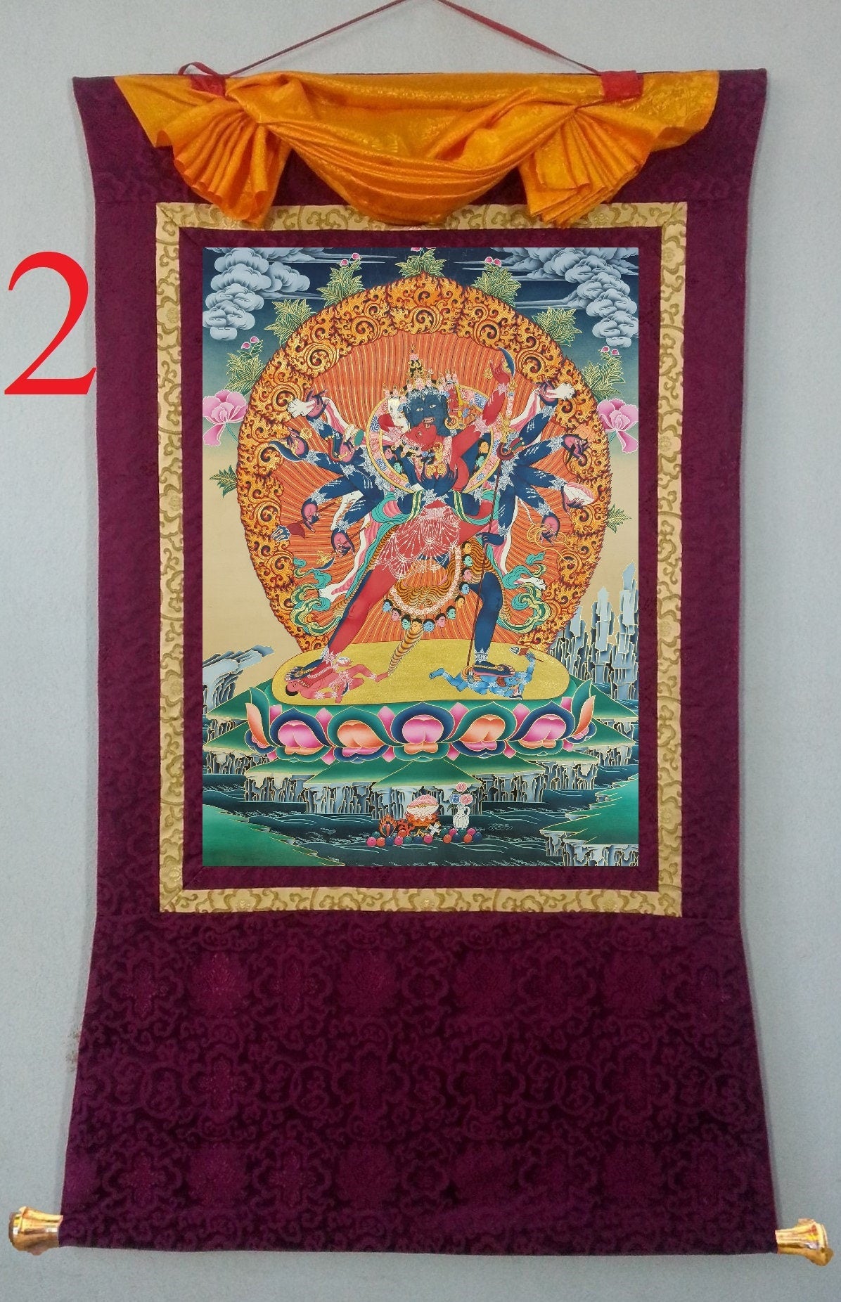 222. 12 Arm Chakrasamvara Thanka (Thangka) Painting. Free Brocade / Free Shipping.