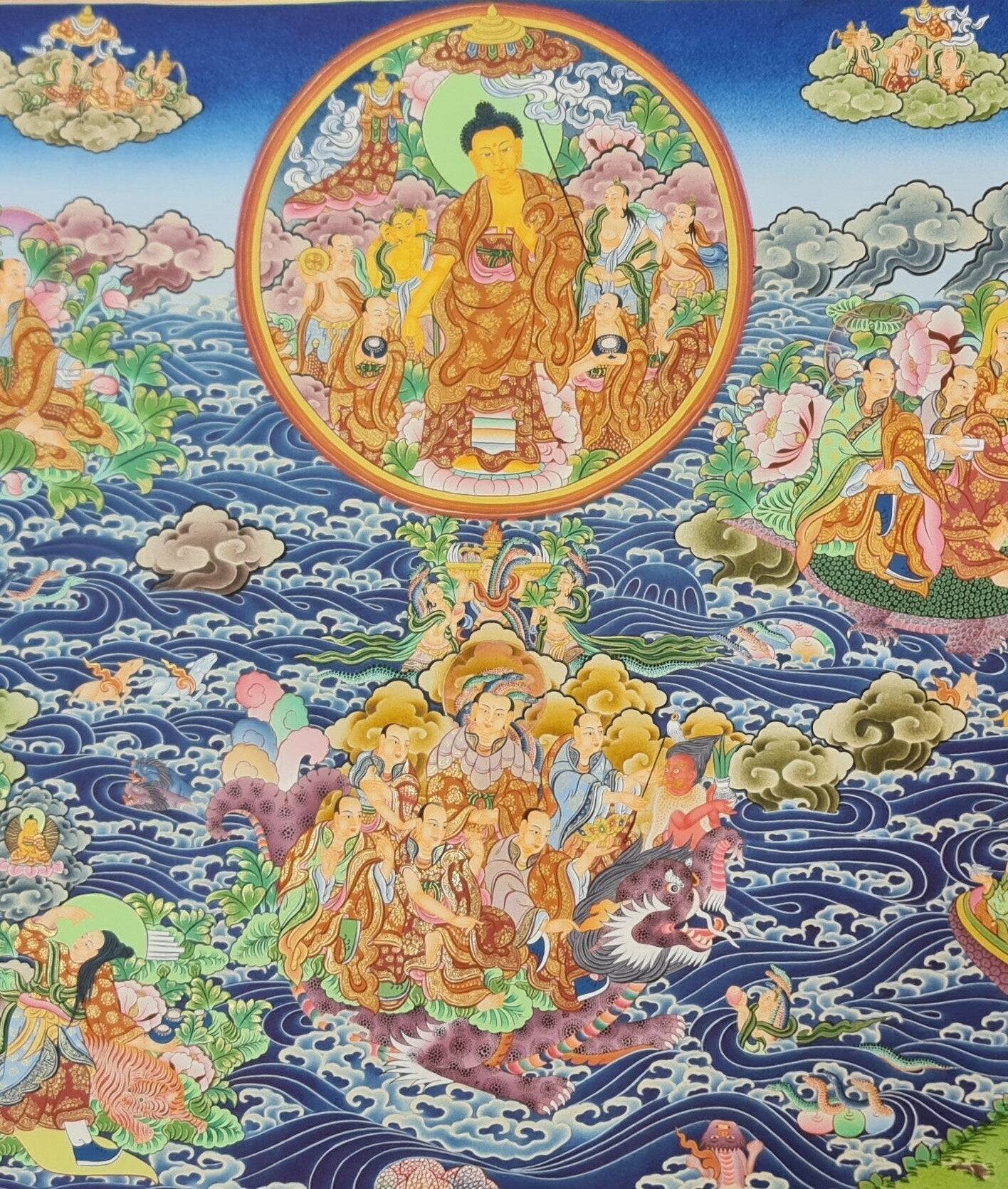260. 16 Arhats (Arahats) Paani Buddha Water Crossing  (Thanka) Thangka. Free Shipping.