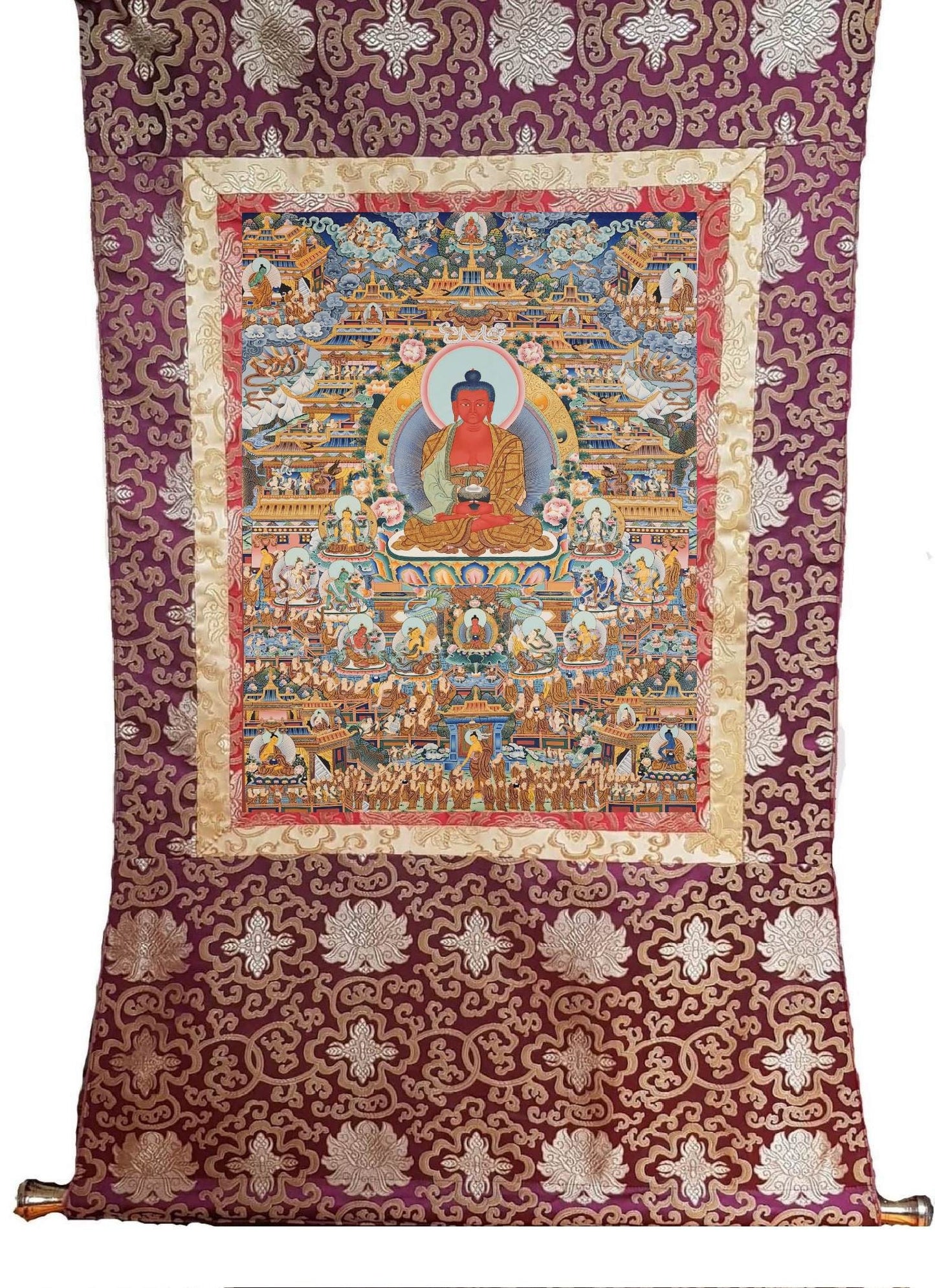 283. Large Amitabha Buddha Dewachen (Sukhavati) Thangka (Thanka). Free Brocade / Free Shipping.