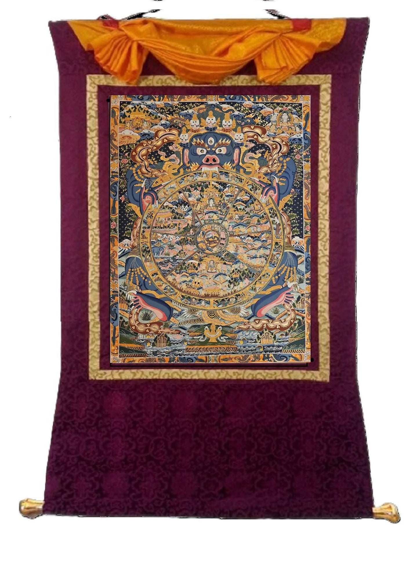 379. Large Wheel of Life (Samsara) Thangka (Thanka). Free Brocade / Free Shipping.