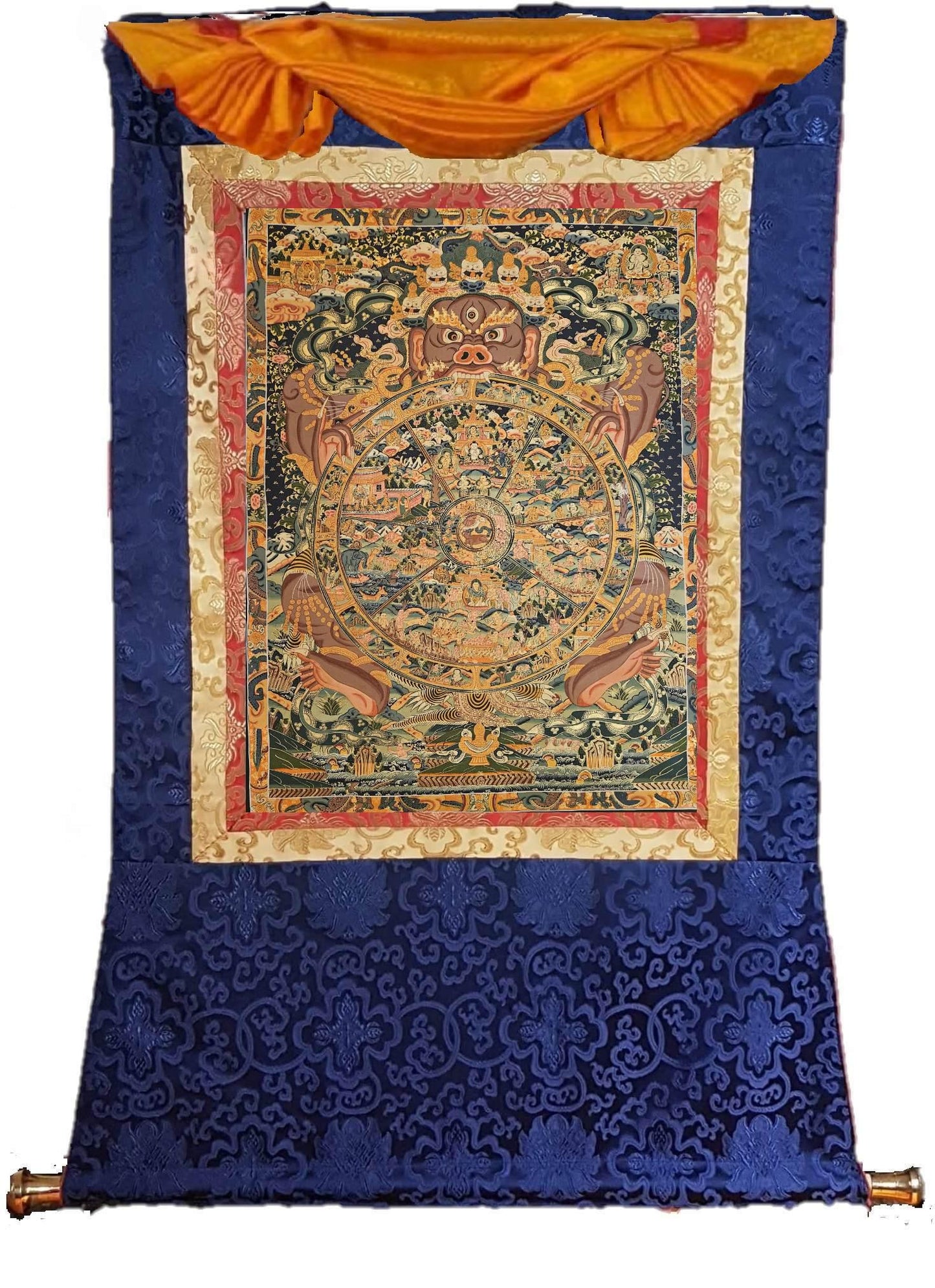 378. Large Wheel of Life (Samsara) Thangka (Thanka). Free Brocade / Free Shipping.