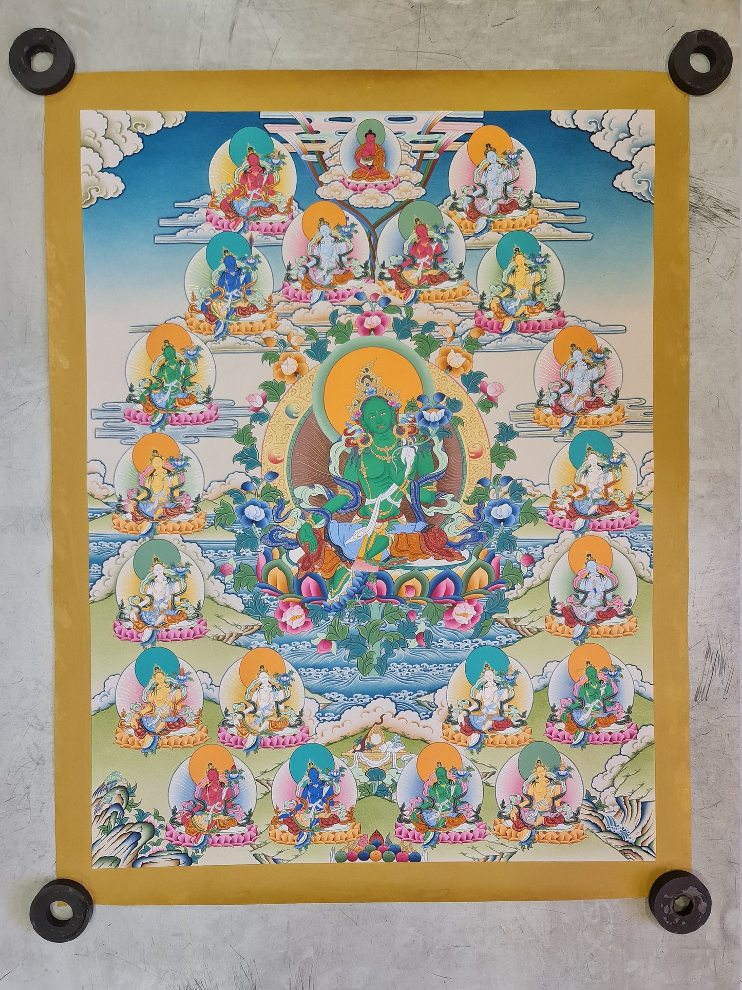 188. Green Tara with 21 Tara Thangka (Thanka). Free Brocade / Free Shipping.