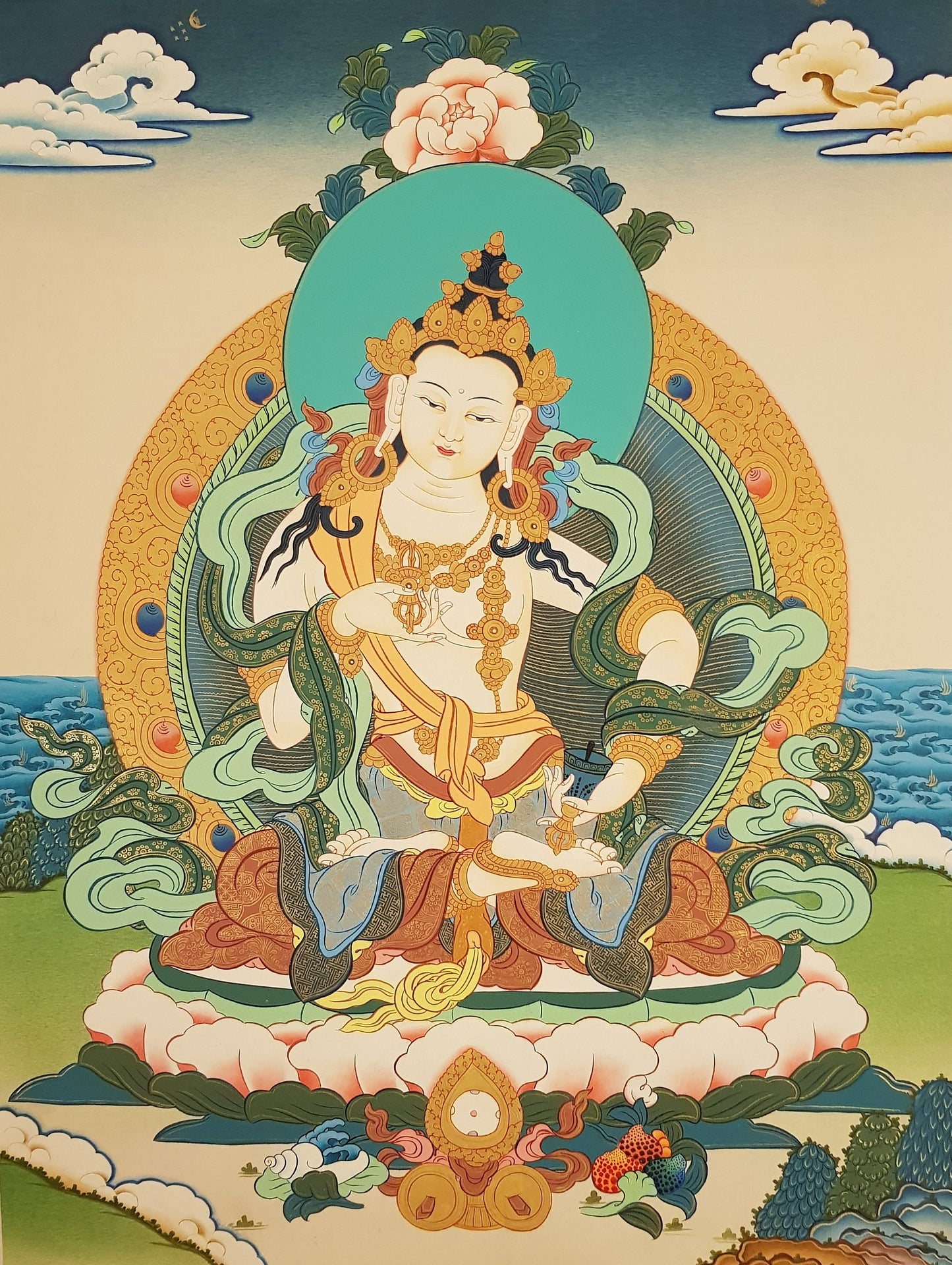 133. Vajrasattva Tibetan Thangka (Thanka) Painting. Free Brocade / Free Shipping.