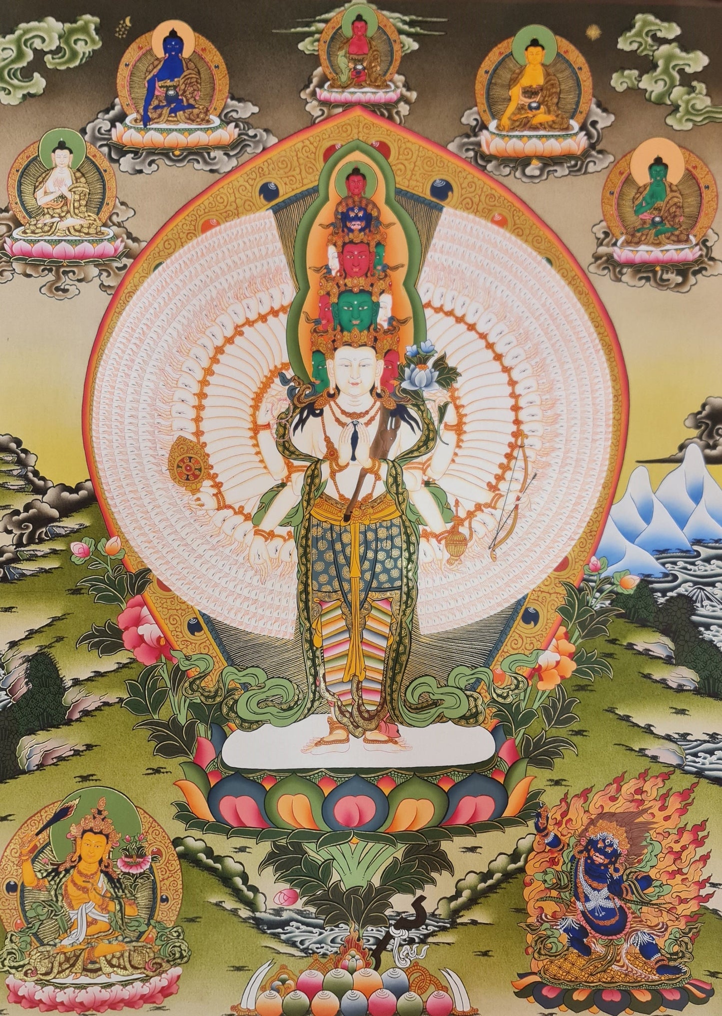 185. 1000 (Thousand) Arm Chenrezig Avalokiteshvara Thangka (Thanka). Free Brocade / Free Shipping.