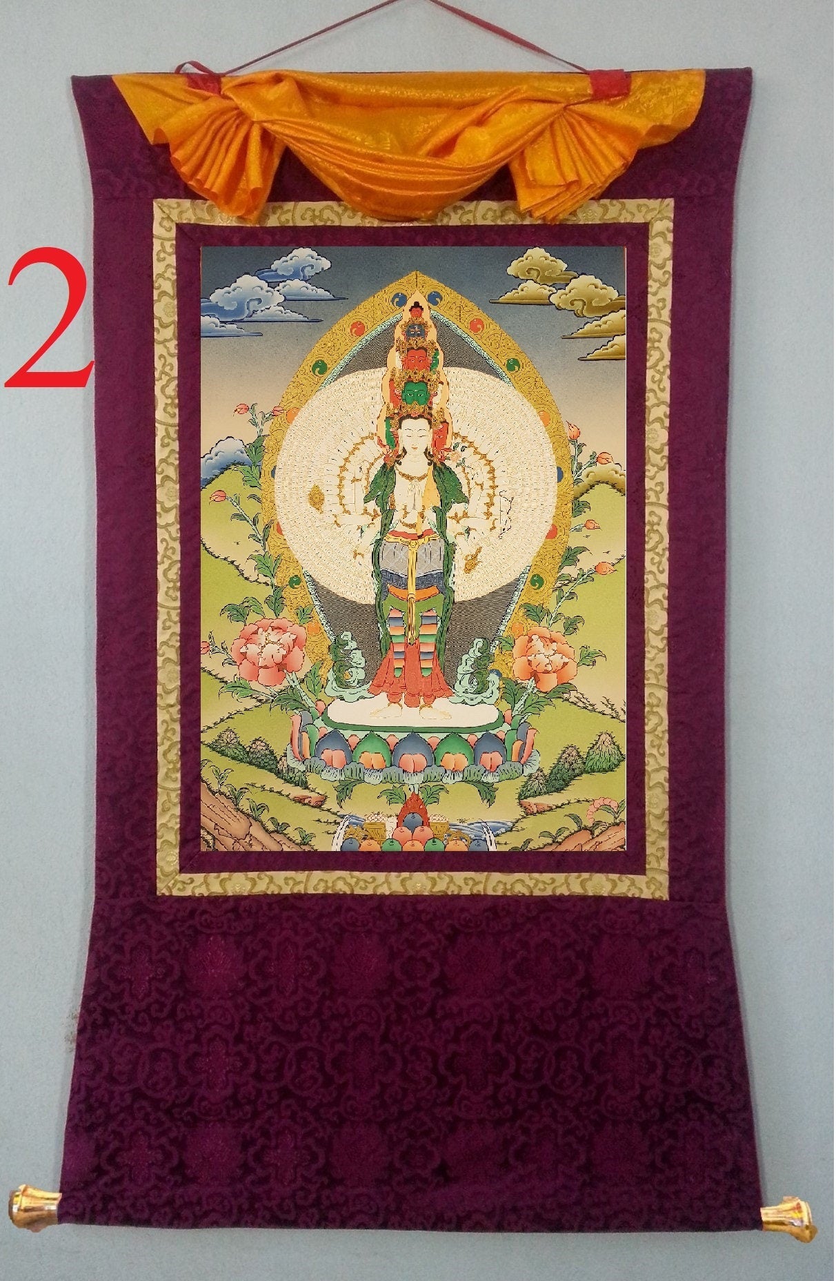 10. 1000 (Thousand) Arm Chenrezig Avalokiteshvara Thangka (Thanka). Free Brocade / Free Shipping.