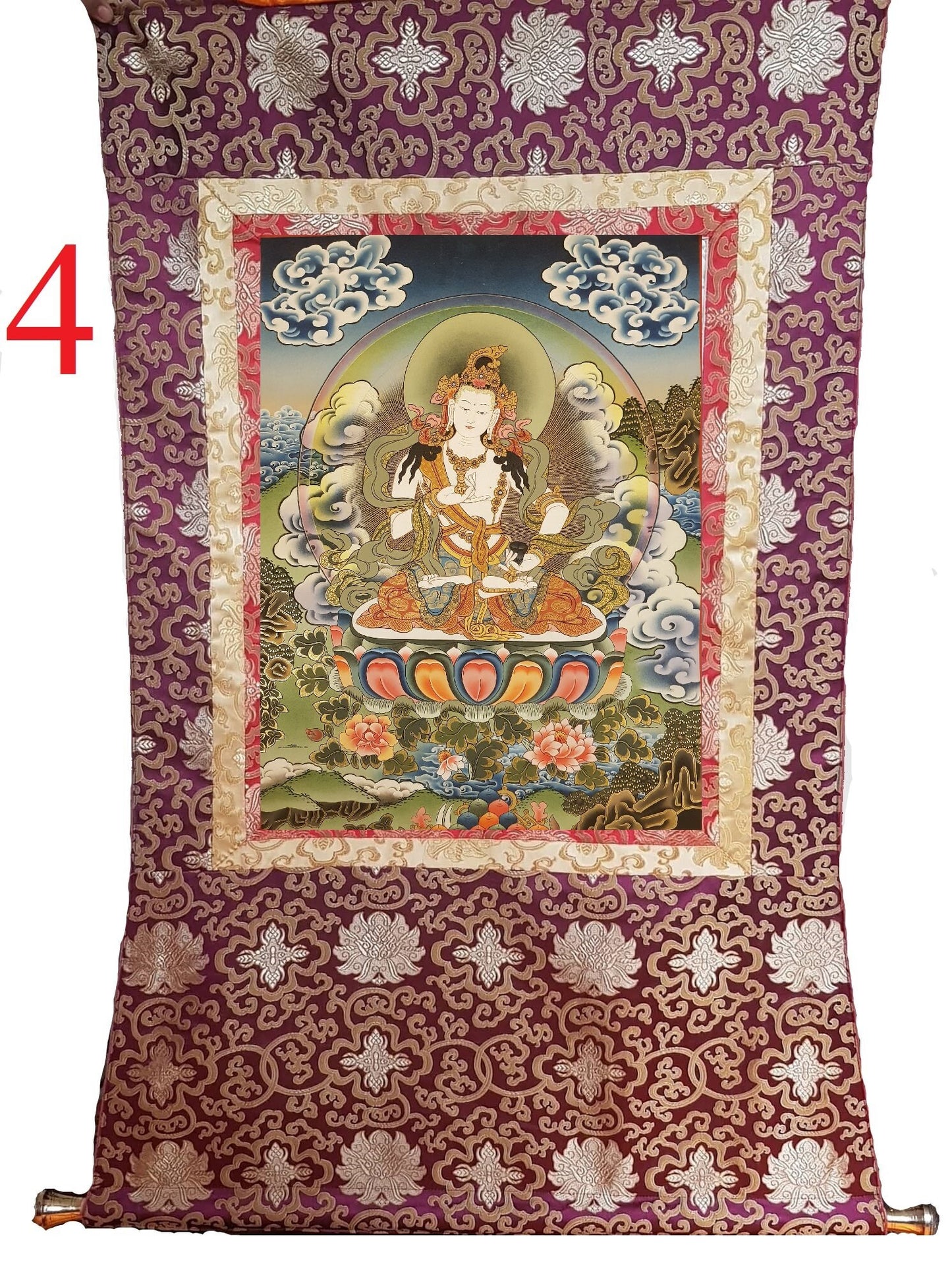 132. Vajrasattva Tibetan Thangka (Thanka) Painting. Free Brocade / Free Shipping.