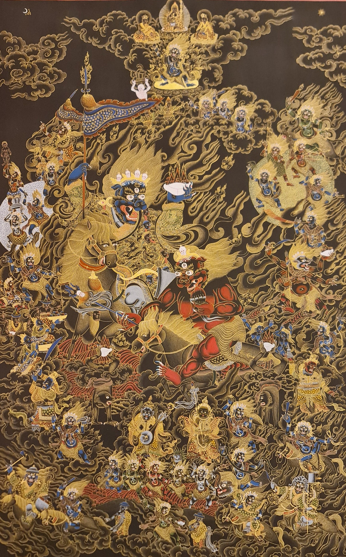 303. Shing Kyong and his Retinue Lion faced Maranatha (Kshetrapala) Thanka (Thangka). Free Brocade / Free Shipping.