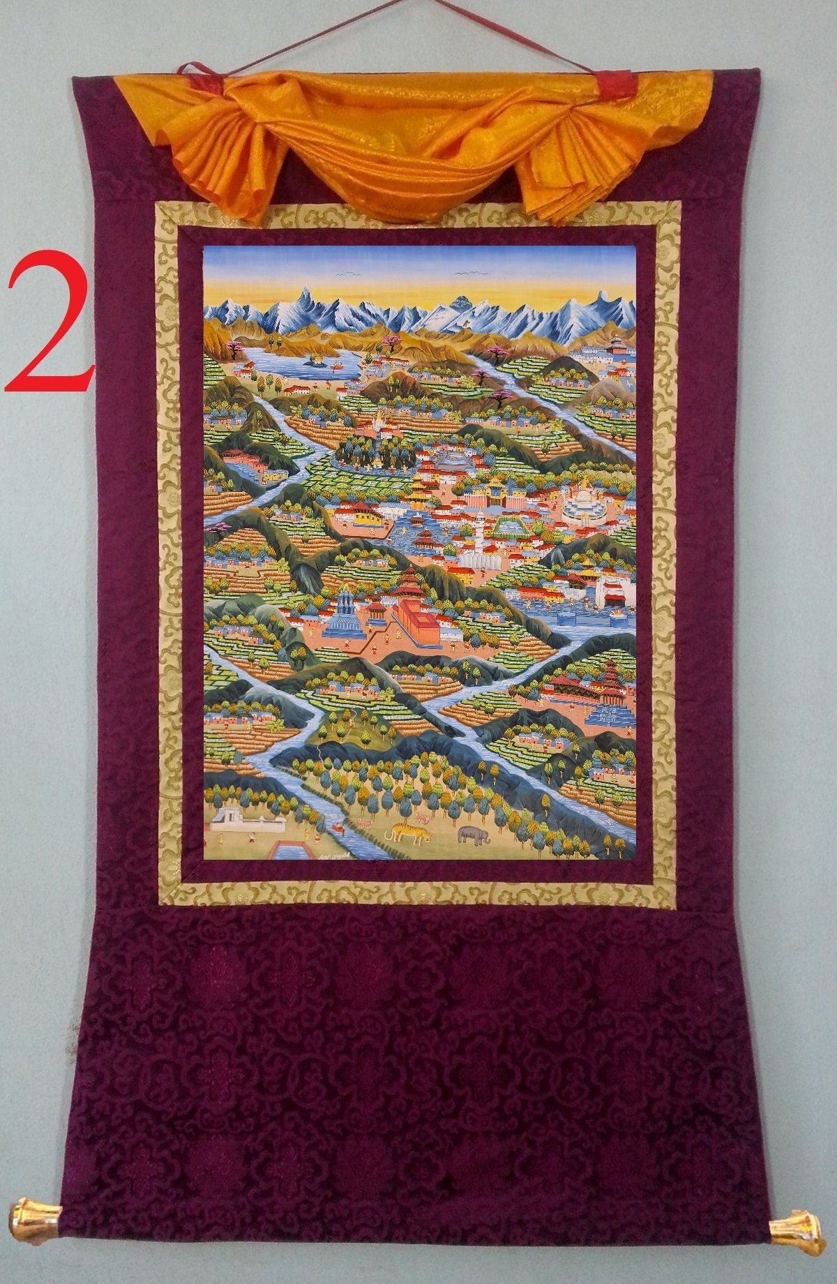 253. Kathmandu Valley Painting with Artist Signature. Free Brocade / Free Shipping.