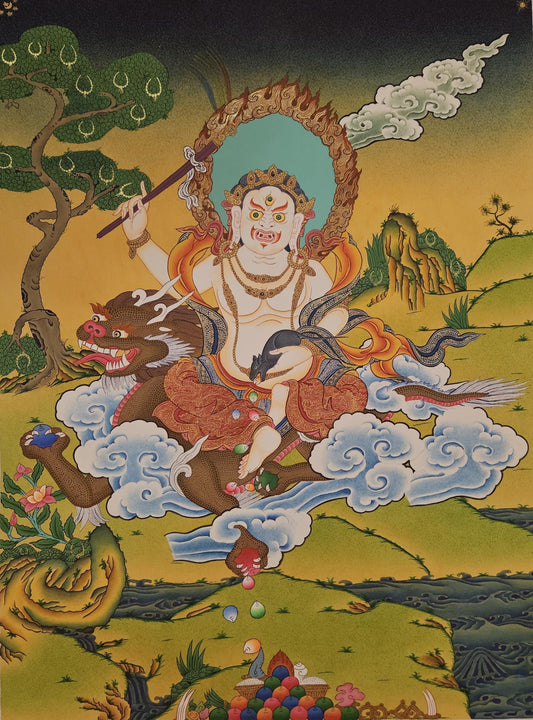 390. White Jambhala or Zambhala Thangka (Thanka). Free Brocade / Free Shipping.