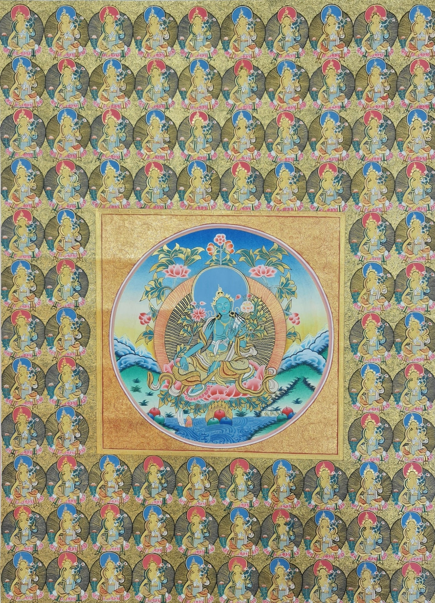 221. 108 Gold Green Tara Thangka (Thanka). Free Brocade / Free Shipping.