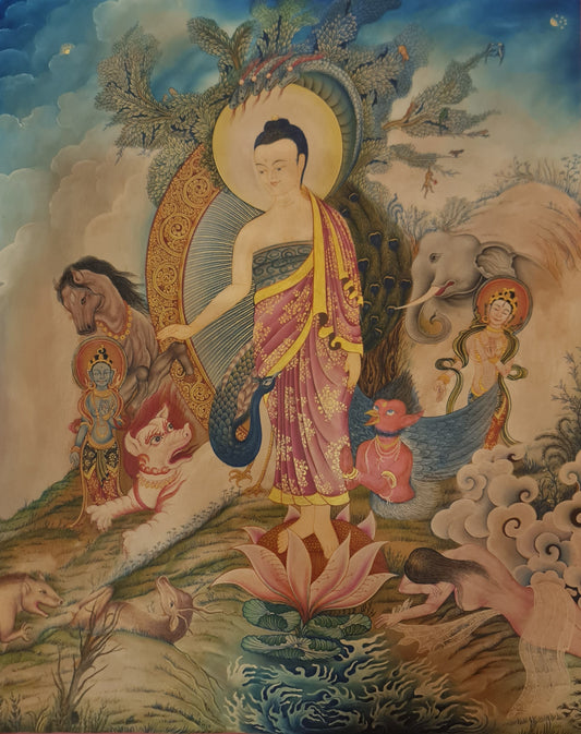 256. Modern Newari Style Art Maitreya (Metteyya) Buddha Thangka (Thanka). Free Brocade / Free Shipping.