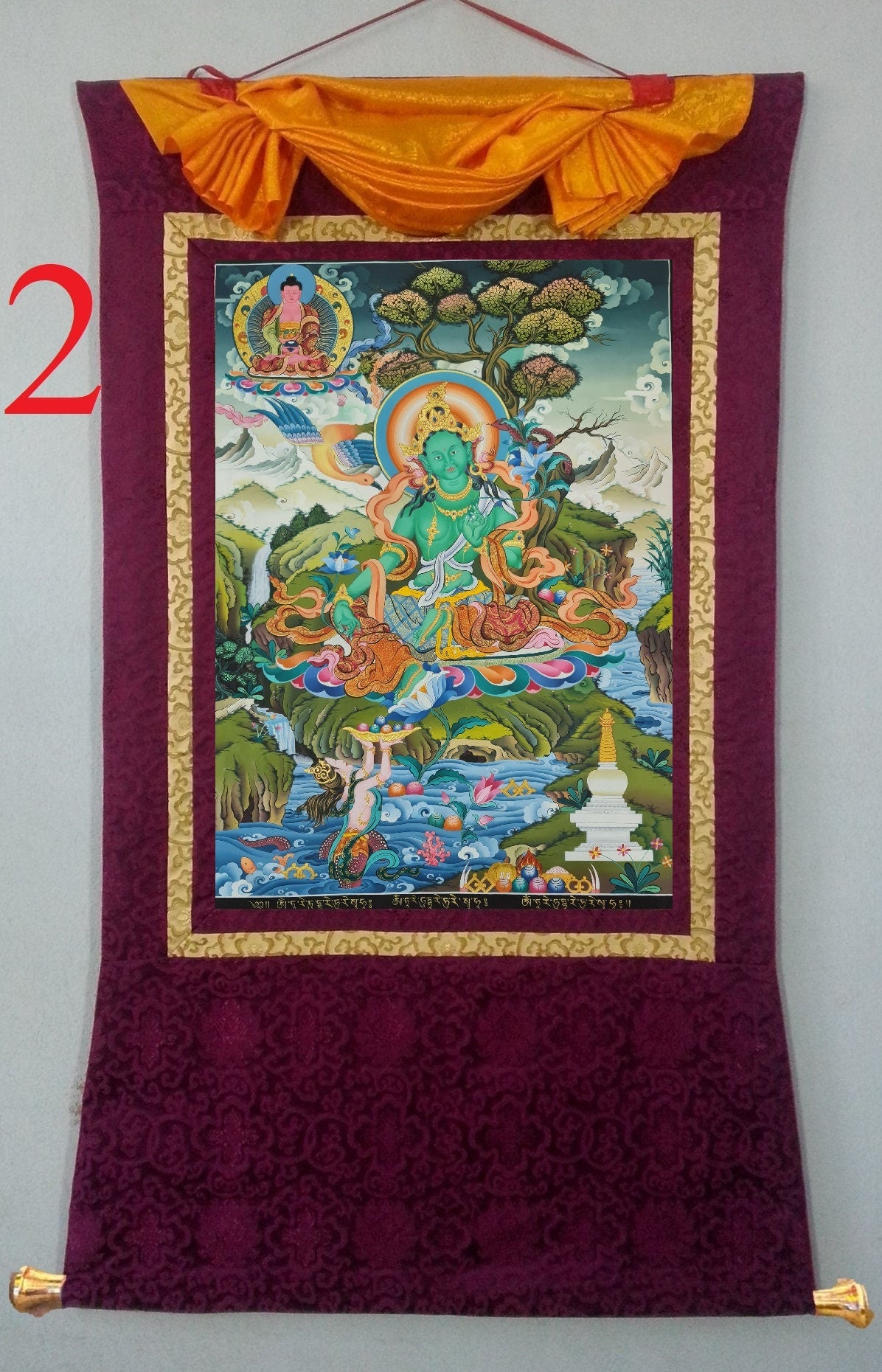 203. Green Tara Thangka (Thanka). Free Brocade / Free Shipping.