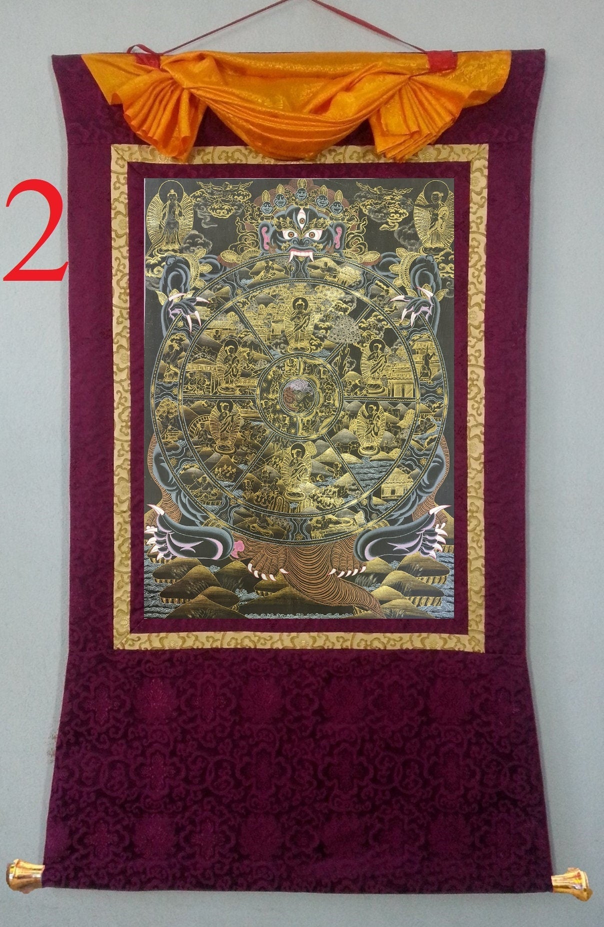 60. 15 Years Old Wheel of Life (Samsara) Thangka (Thanka) Painting with 24 K Gold. Free Brocade / Free Shipping.