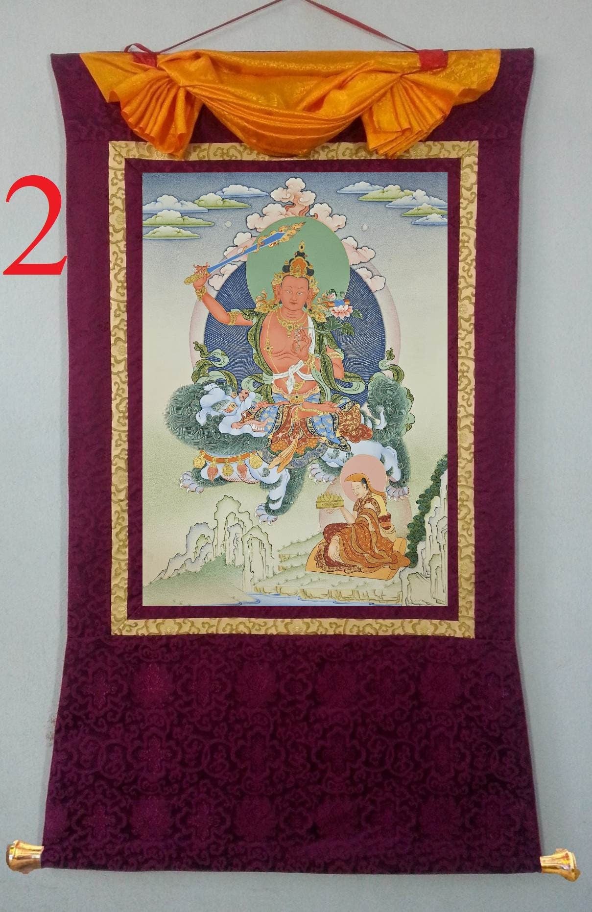 242. Red Manjushri Simhanada Thangka (Thanka). Free Brocade / Free Shipping.