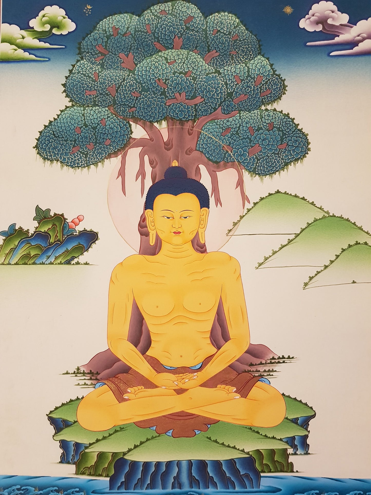 18. Fasting Shakyamuni Buddha Thangka (Thanka). Free Brocade / Free Shipping.