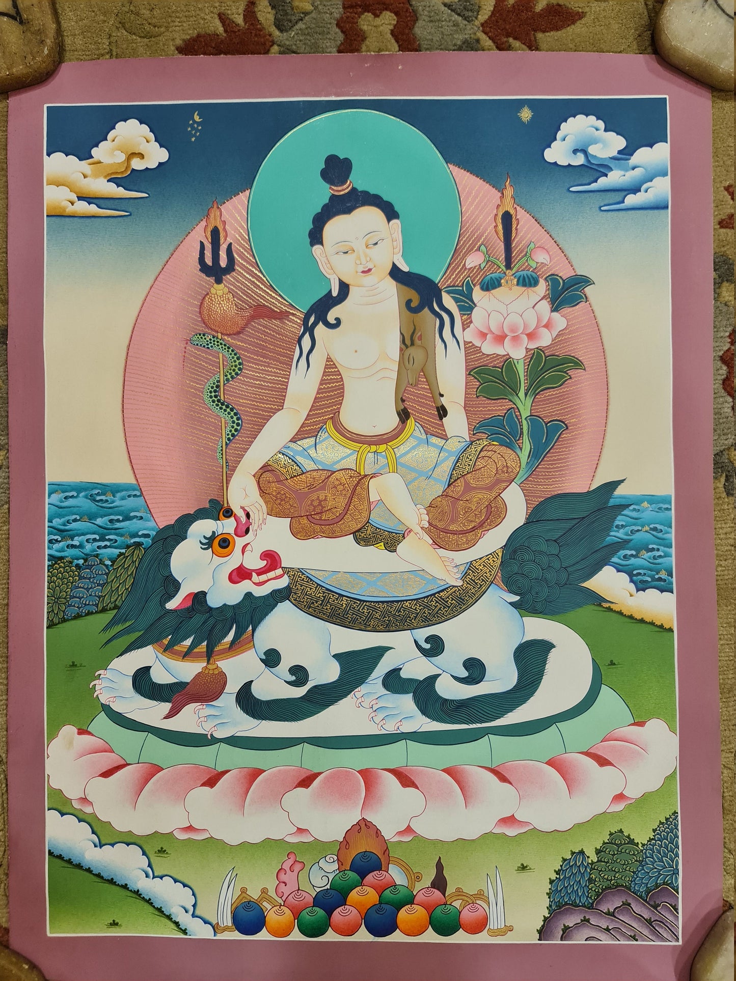 122. Simhanada Avalokiteshvara (Lokeshwor) Thangka (Thanka). Free Brocade / Free Shipping.