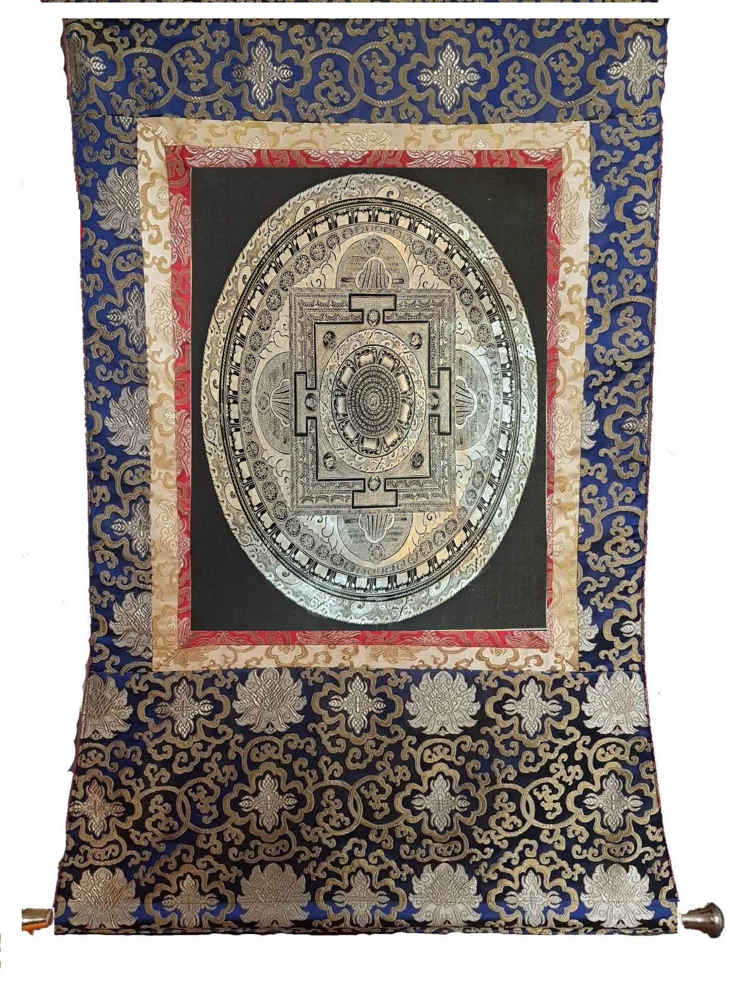342. Silver and Black Mantra Mandala Thangka (Thanka). Free Brocade / Free Shipping.