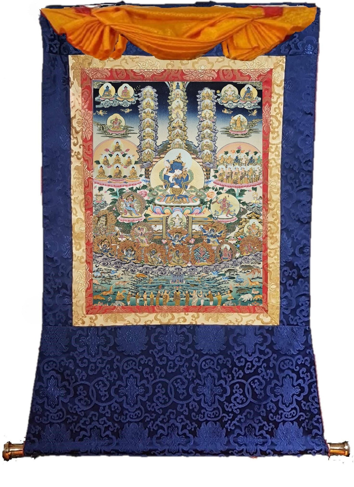 391. Nyingma Lineage Tree with Guru Orgyen Dorje Chang in the Center Thangka (Thanka) Painting with 24 K Gold. Free Brocade / Free Shipping.