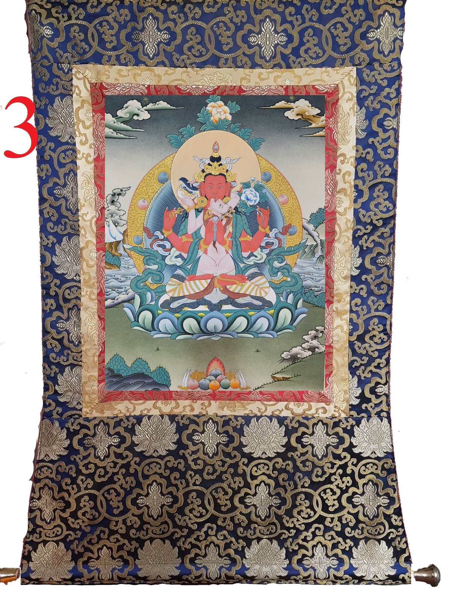 294. Gyalwa Gyatso (Red Chenrezig - Consort) Thangka (Thanka).  Free Brocade / Free Shipping.