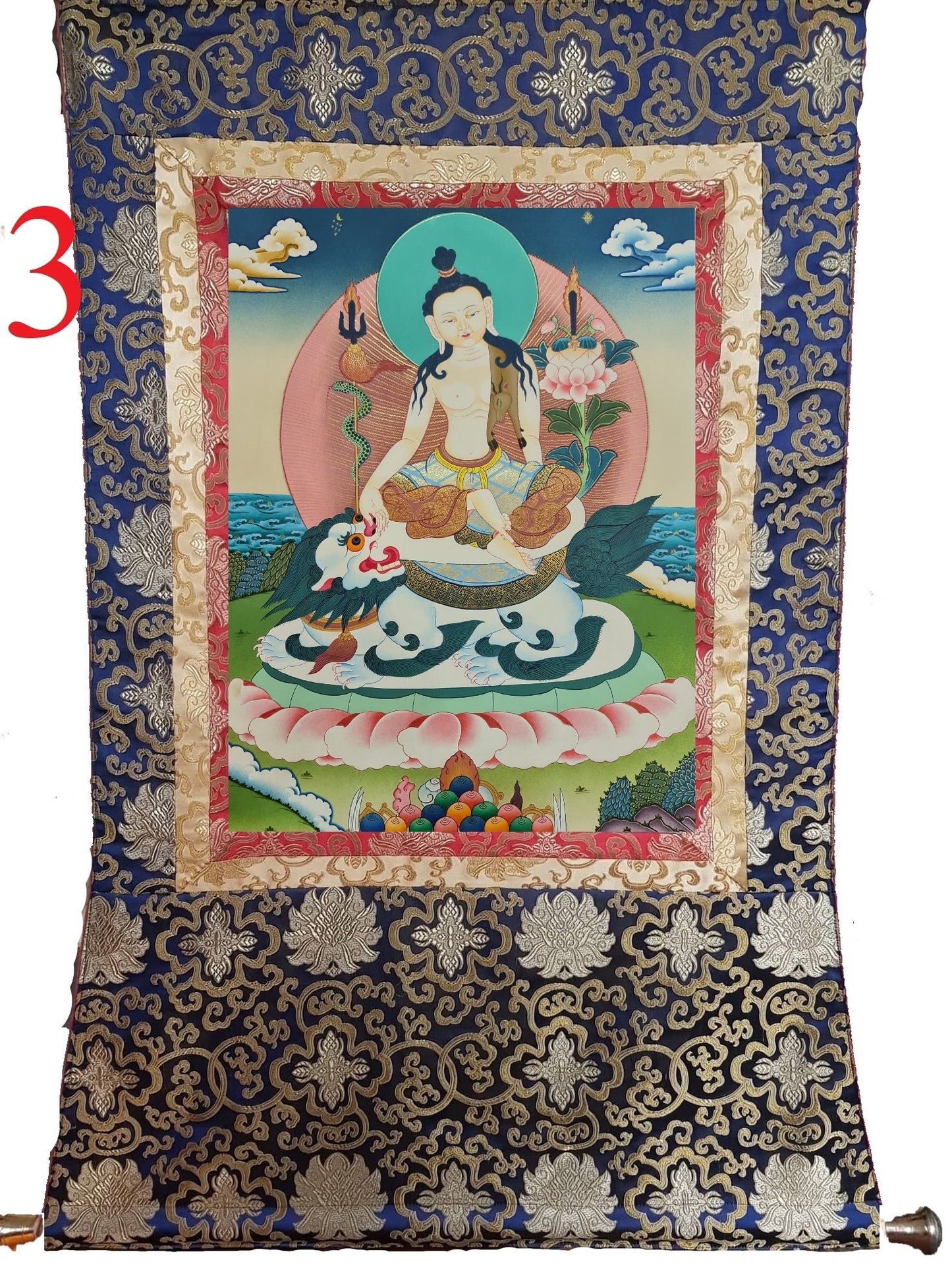 122. Simhanada Avalokiteshvara (Lokeshwor) Thangka (Thanka). Free Brocade / Free Shipping.