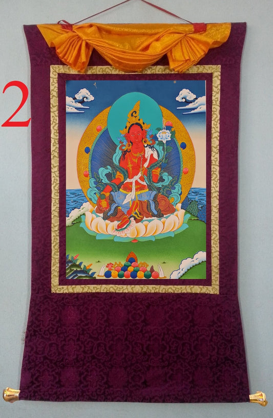 102. Red Tara Thangka (Thanka) with Wine Color Brocade. Free Shipping.