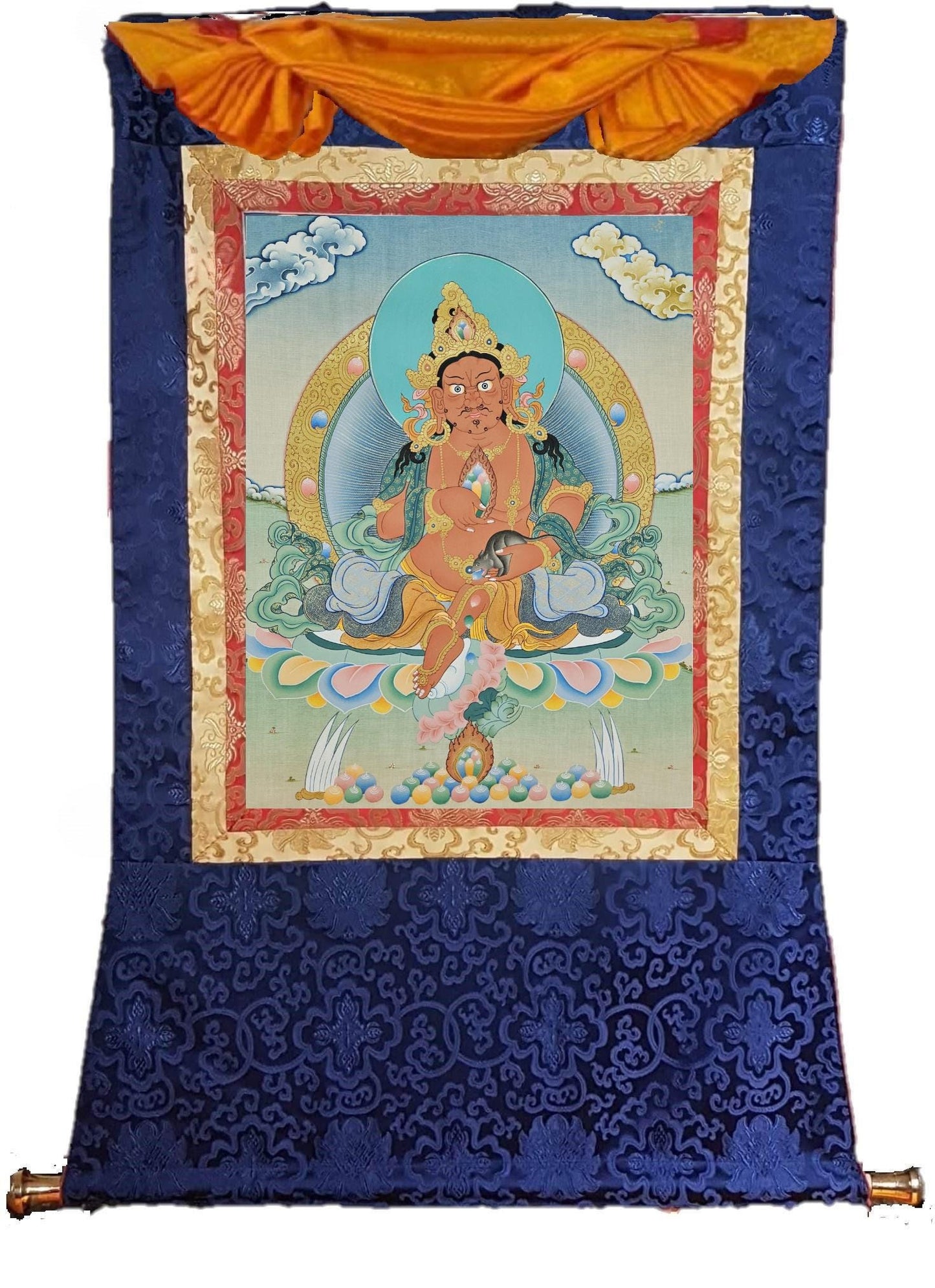 397. Red Jambhala or Zambhala Thangka (Thanka). Free Brocade / Free Shipping.