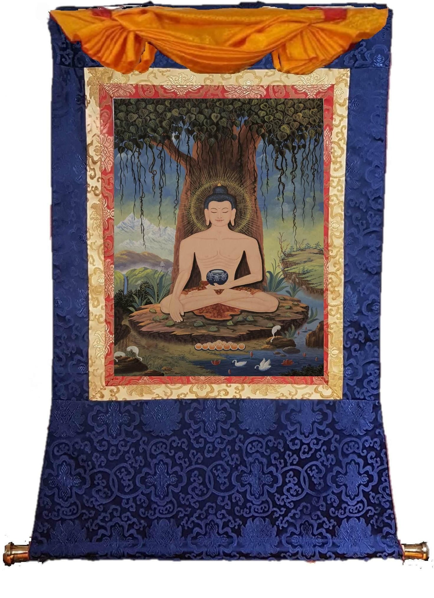 382. Newari Style Fasting Shakyamuni Buddha Thangka (Thanka). Free Brocade / Free Shipping.