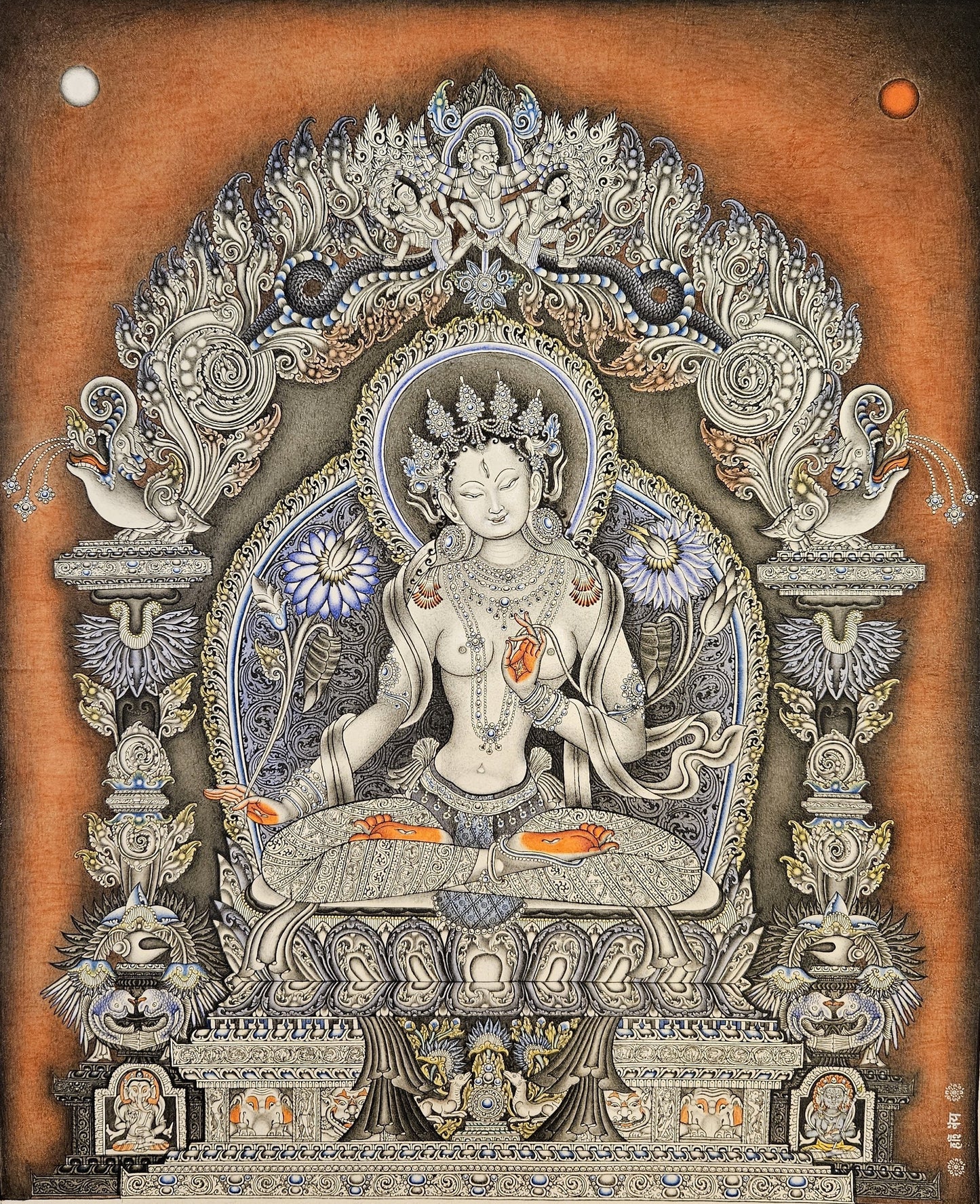 308. White Tara Newari Style Art Painting Paubha. Signed by the Artist. Free Shipping.