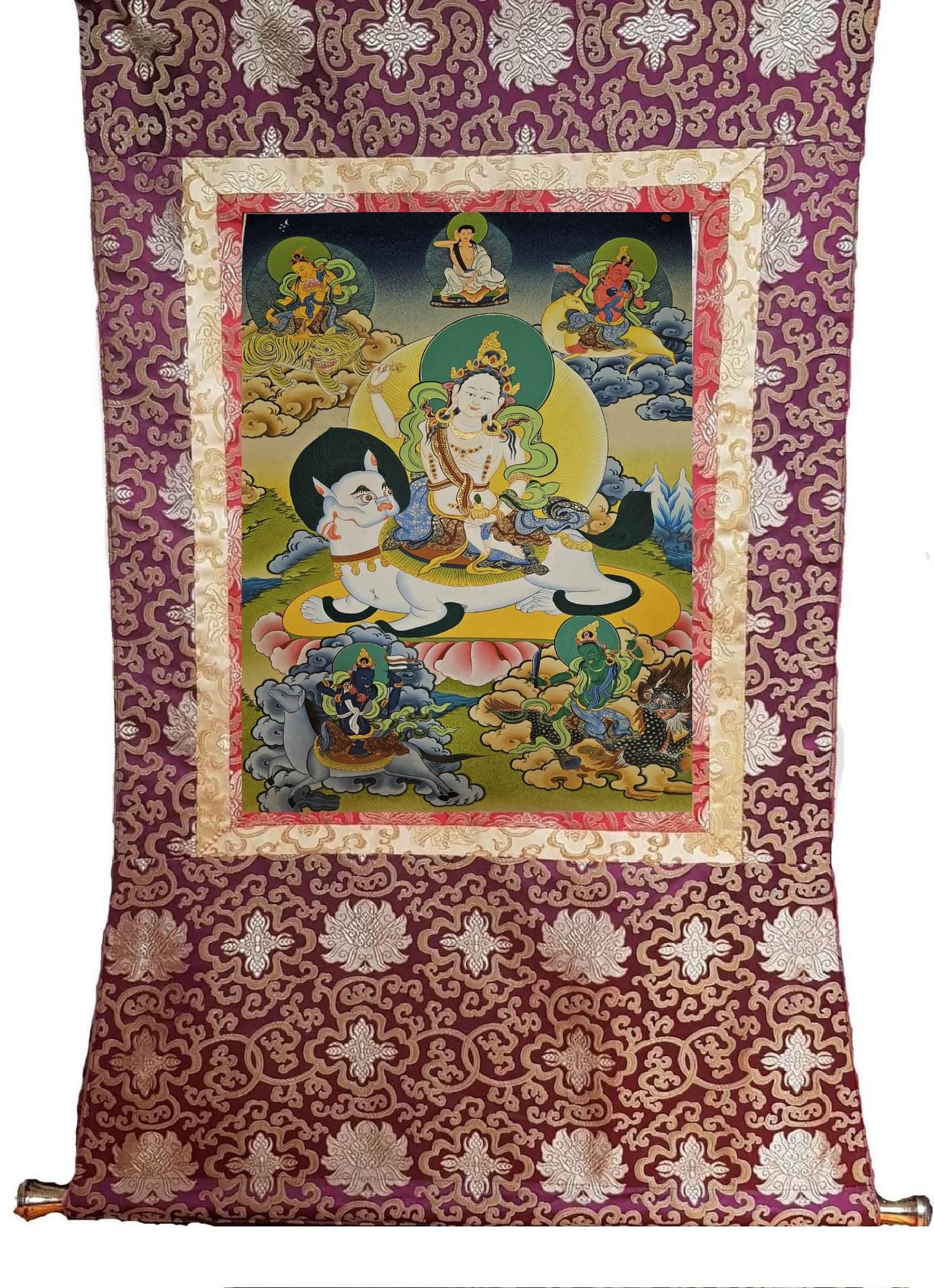362. Five Tseringma Sisters of Long Life Thangka (Thanka).  Free Brocade / Free Shipping.