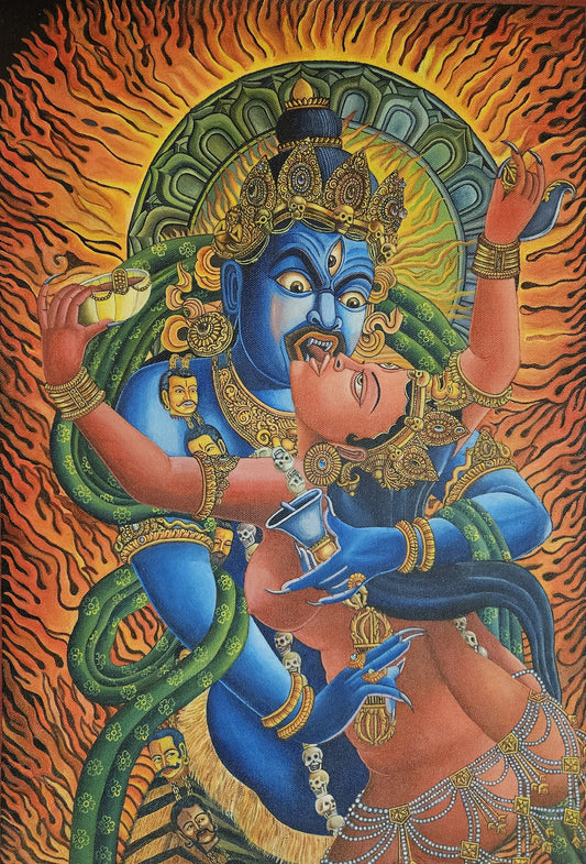 309. Two-Armed Heruka Chakrasamvara with Consort Thangka (Thanka) Oil Painting. Free Brocade / Free Shipping.