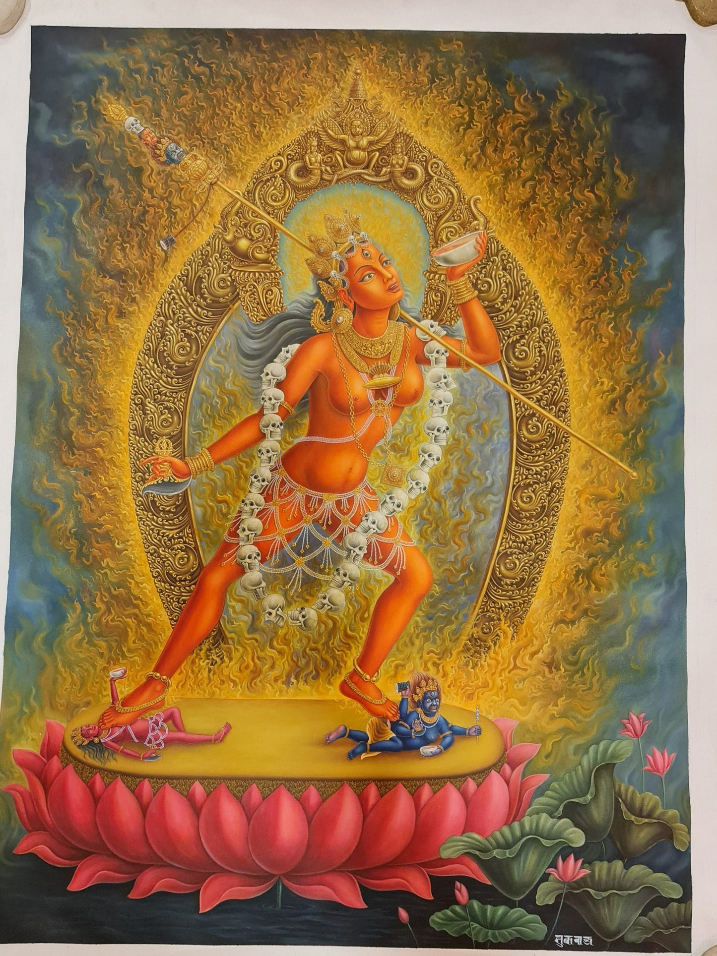 Vajrayogini Thangka (Thanka) Oil Newari Painting Paubha in Canvas. Signed by the Artist.