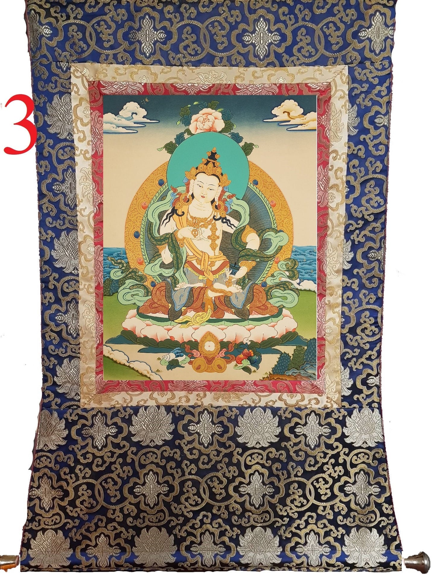 133. Vajrasattva Tibetan Thangka (Thanka) Painting. Free Brocade / Free Shipping.