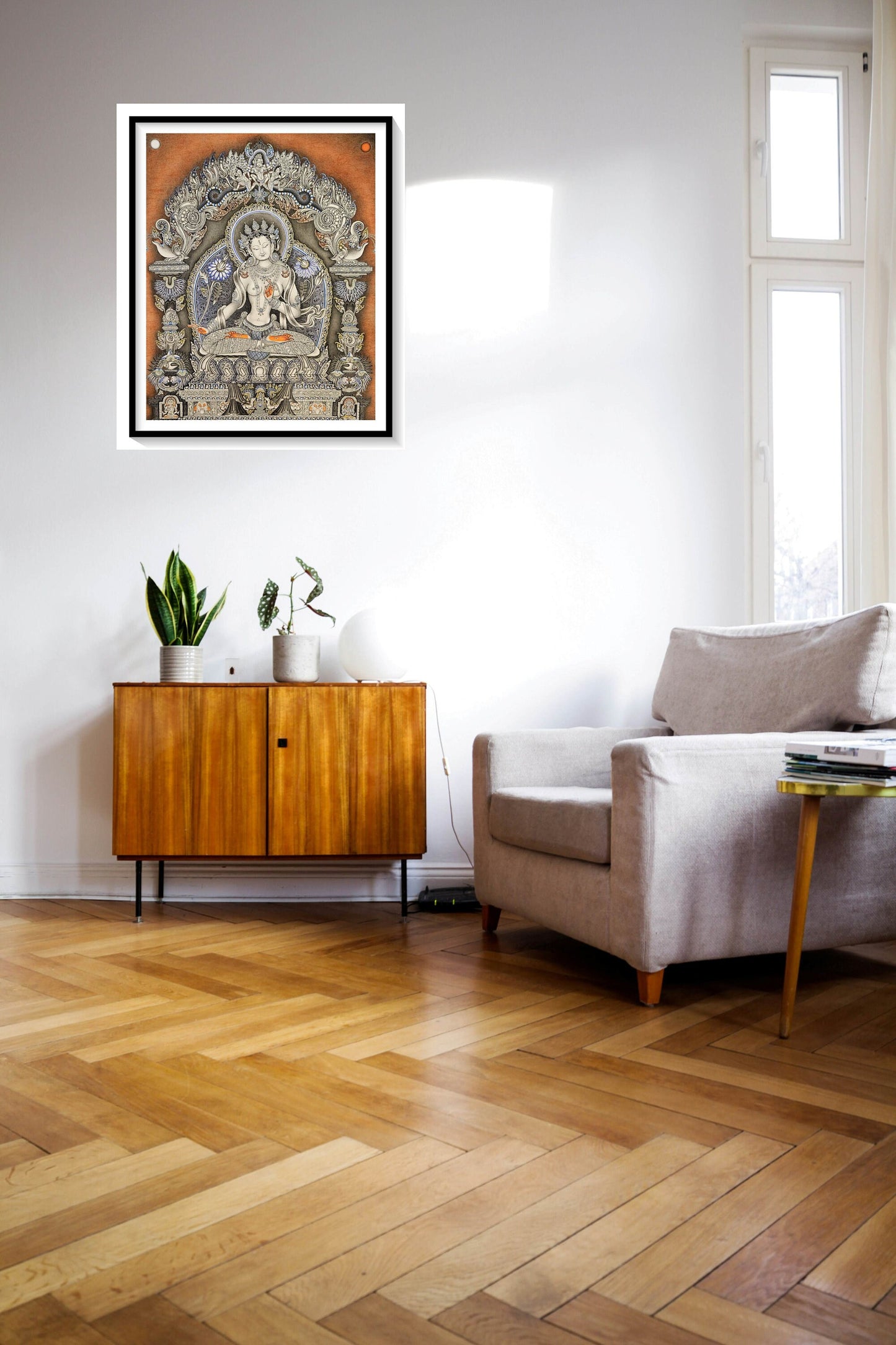 308. White Tara Newari Style Art Painting Paubha. Signed by the Artist. Free Shipping.