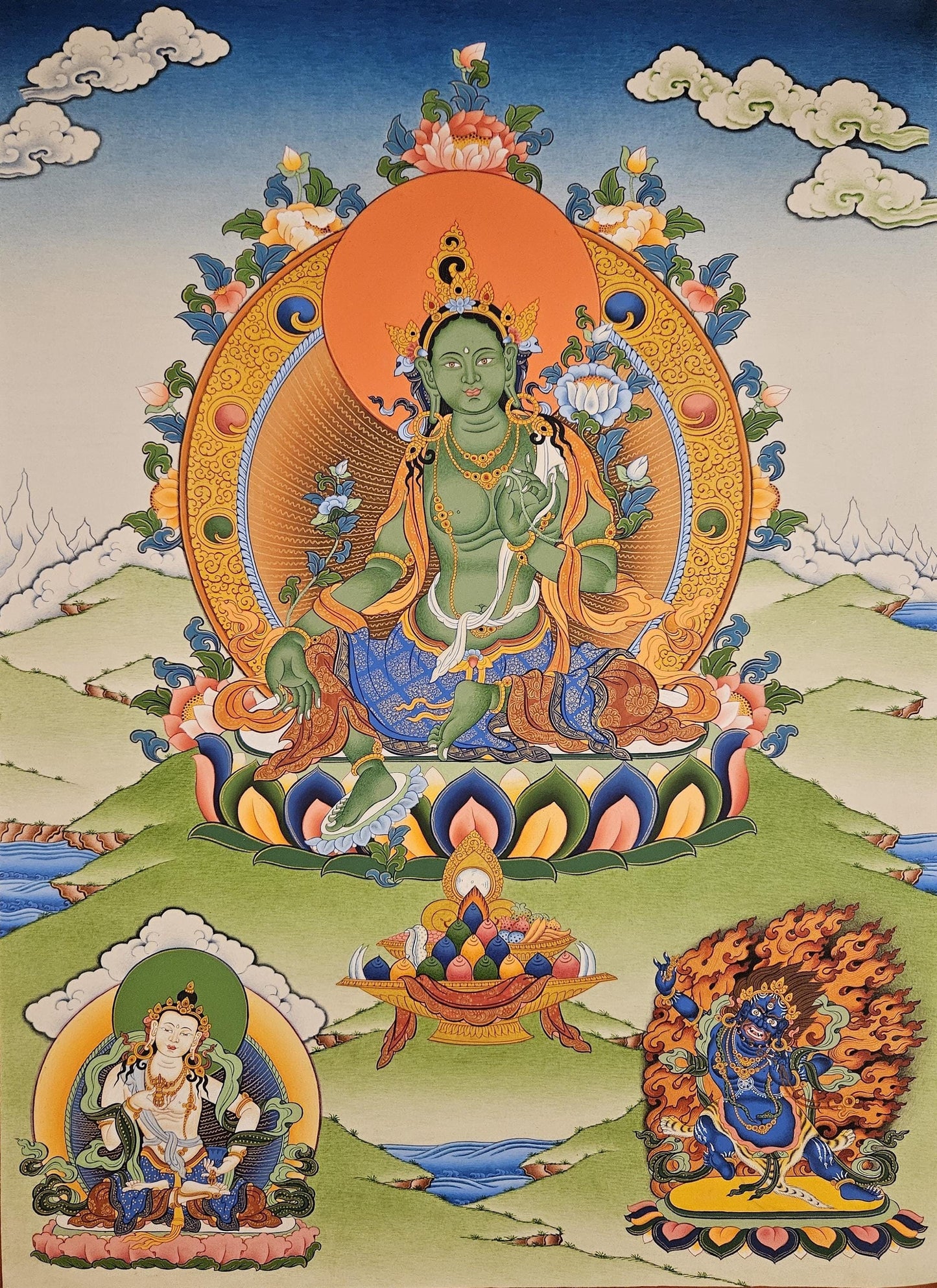 361. Green Tara with Vajrasattva and Vajrapani (Ayang Rinpoche) Thangka (Thanka). Free Brocade / Free Shipping.