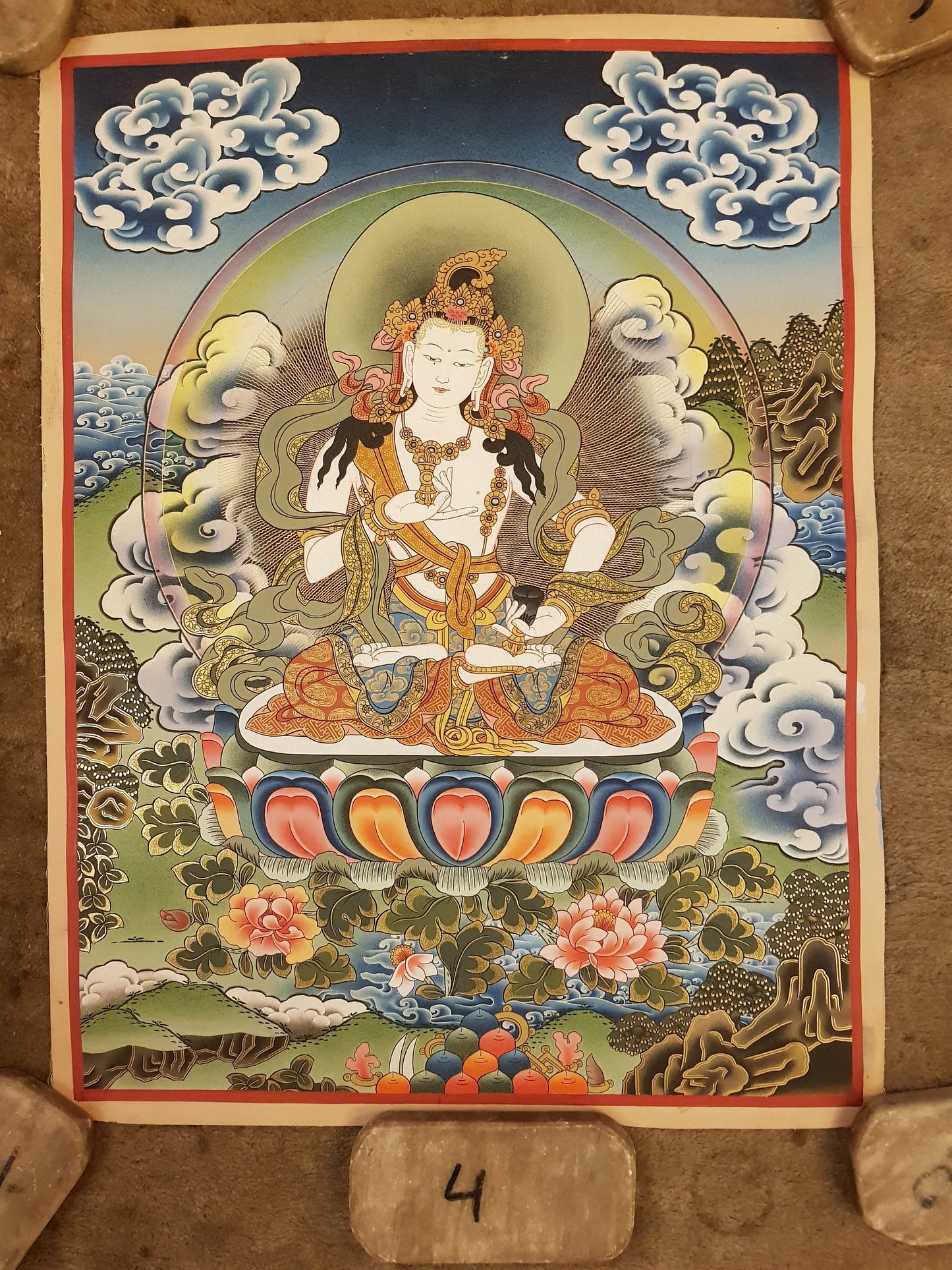 132. Vajrasattva Tibetan Thangka (Thanka) Painting. Free Brocade / Free Shipping.