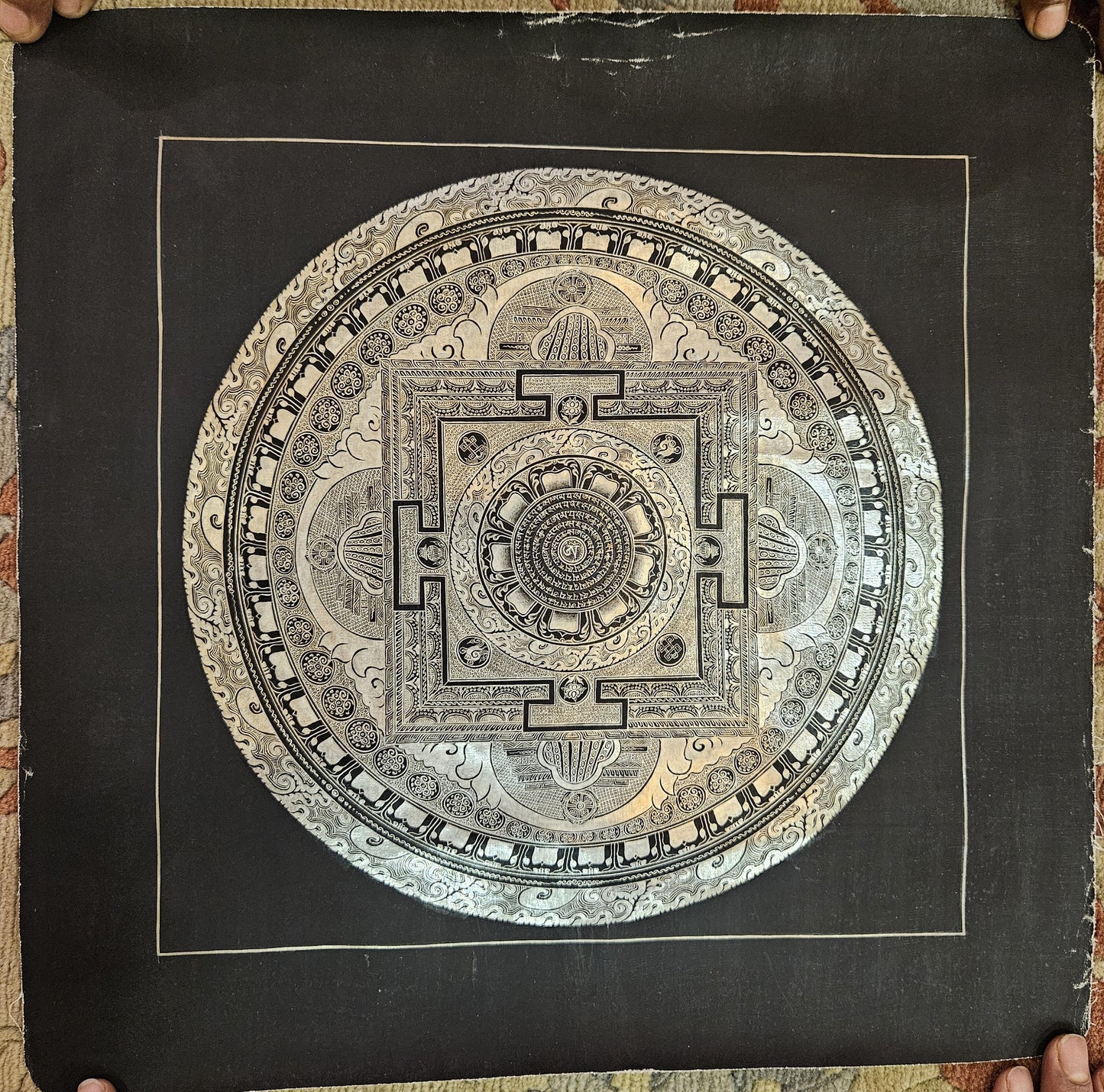 342. Silver and Black Mantra Mandala Thangka (Thanka). Free Brocade / Free Shipping.