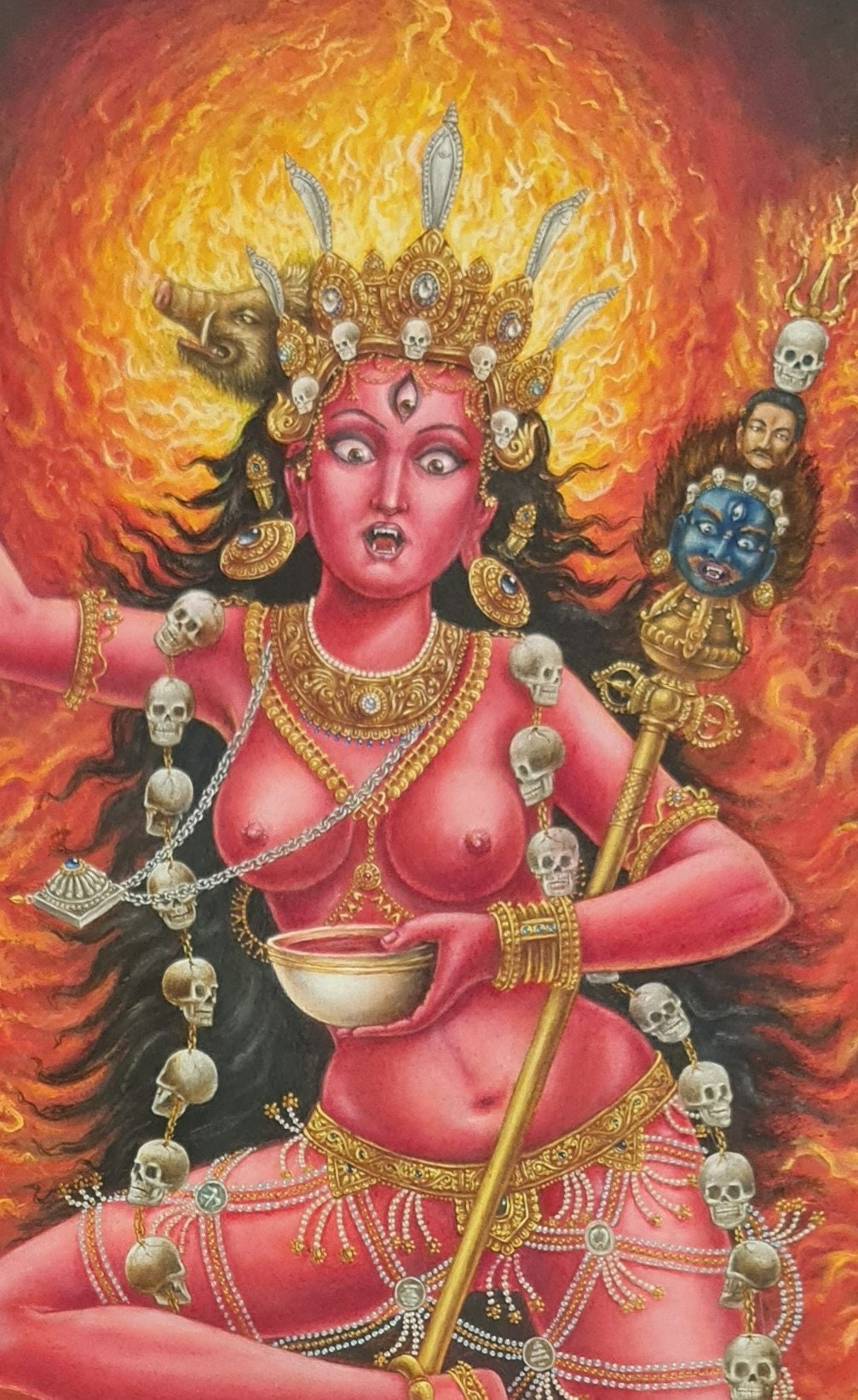 Vajravarahi Samding Dorje Phagmo(Phamo) Oil Newari Painting Paubha in Canvas. Signed by the Artist.