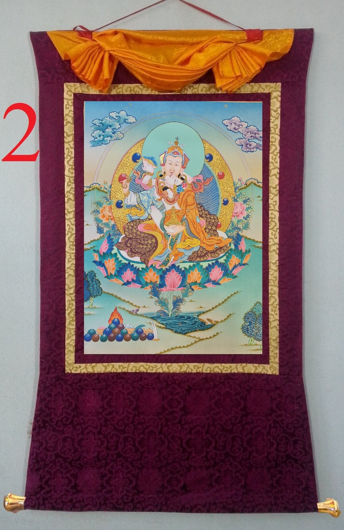 175. Guru Rinpoche Consort with Yeshe Tsogyal Thanka (Thangka). Free Brocade / Free Shipping.