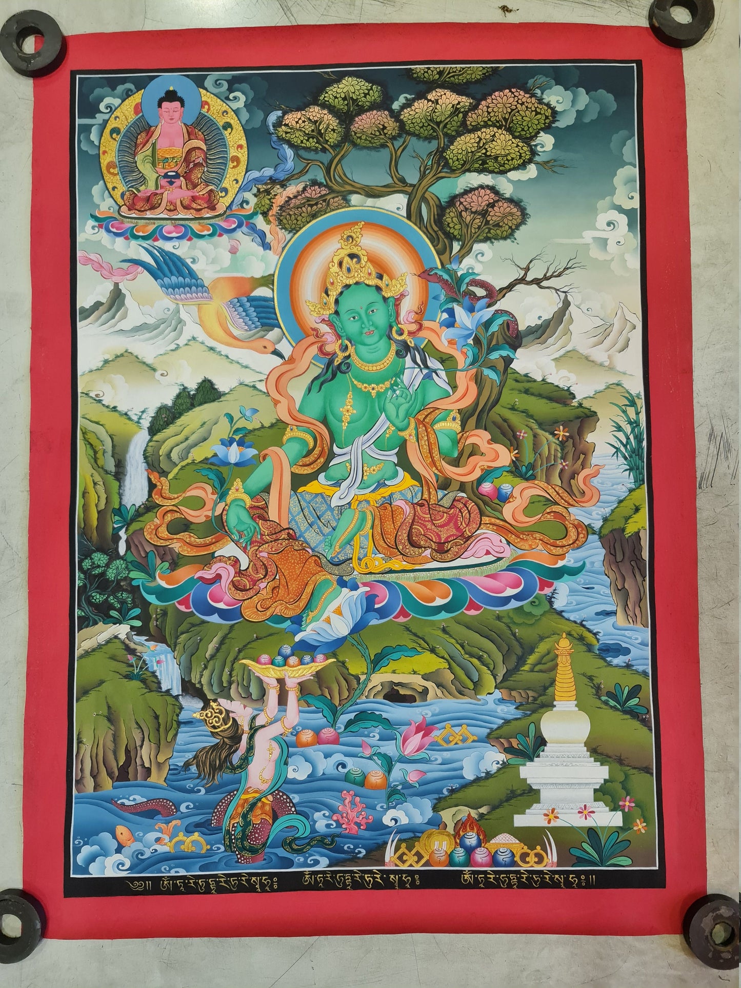 203. Green Tara Thangka (Thanka). Free Brocade / Free Shipping.