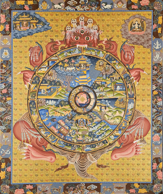 384. 20 Year Old Wheel of Life (Samsara) Thangka (Thanka). Free Brocade / Free Shipping.
