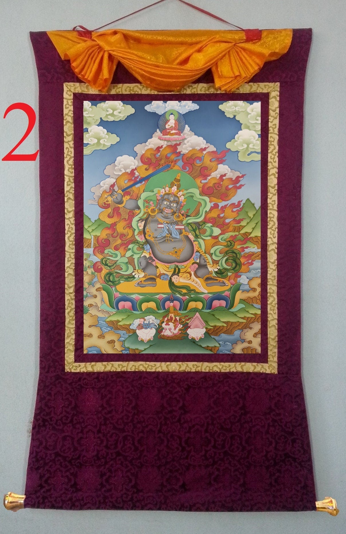 273. The Disease Specialist Black Manjushree (Manjushri) Thangka (Thanka). Free Brocade / Free Shipping.