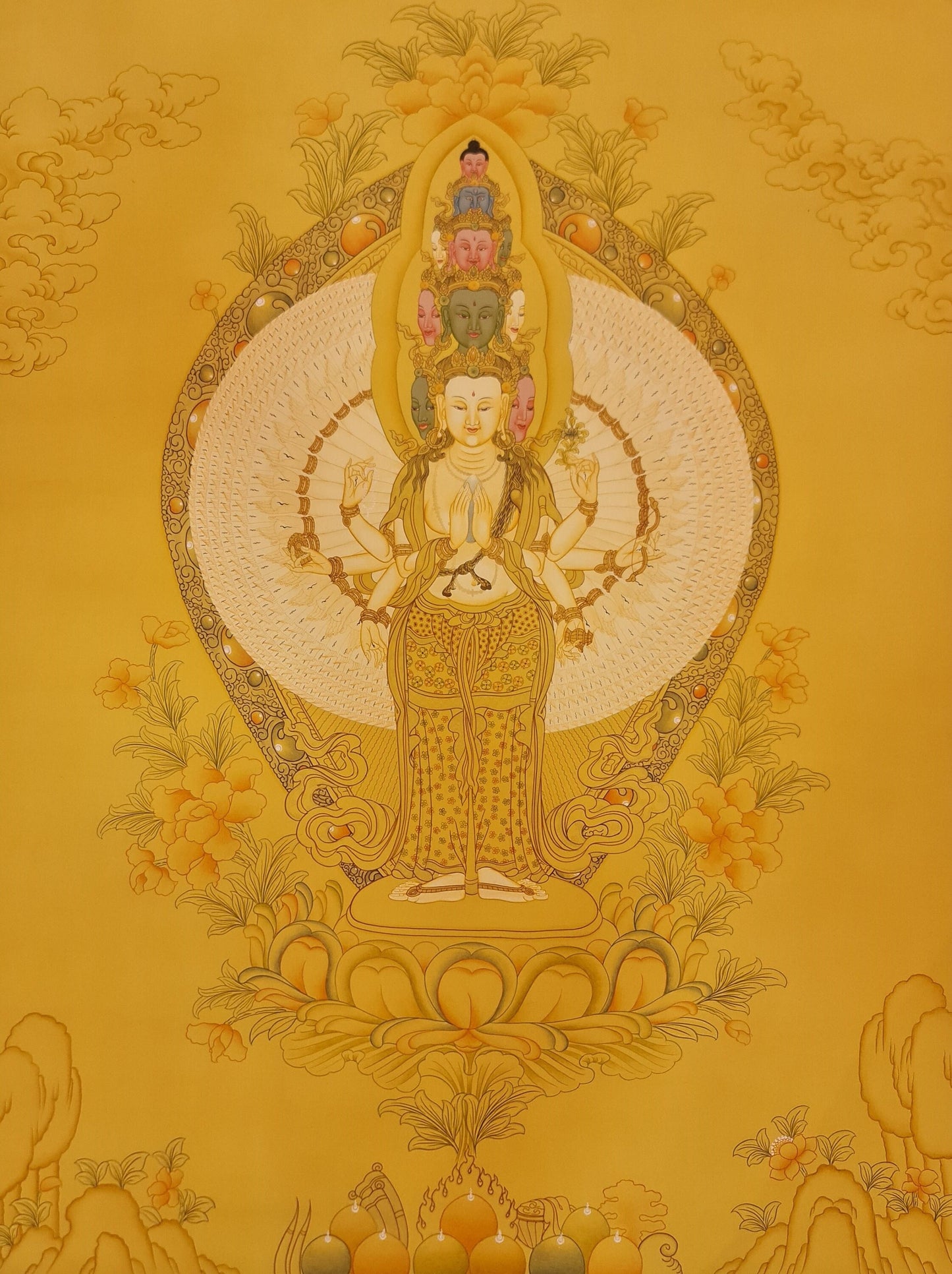 264. Large 1000 (Thousand) Arm Chenrezig Avalokiteshvara Thangka (Thanka). Free Brocade / Free Shipping.