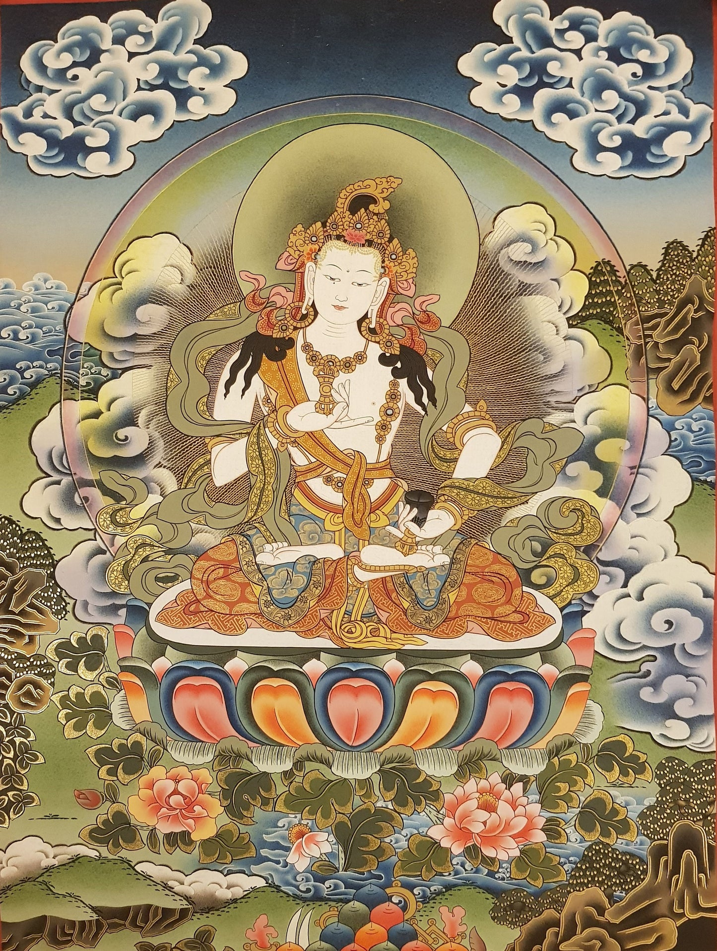 132. Vajrasattva Tibetan Thangka (Thanka) Painting. Free Brocade / Free Shipping.
