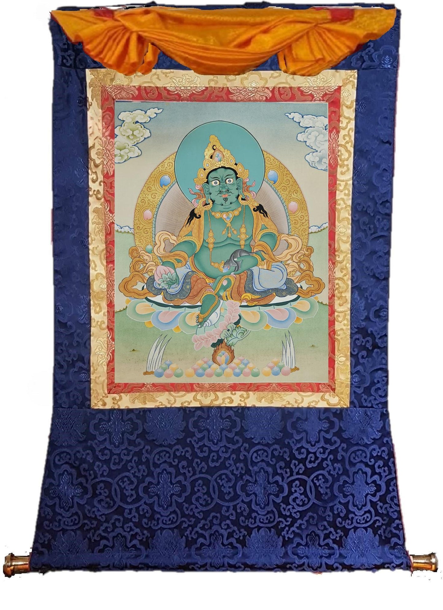 396. Green Jambhala or Zambhala Thangka (Thanka). Free Brocade / Free Shipping.