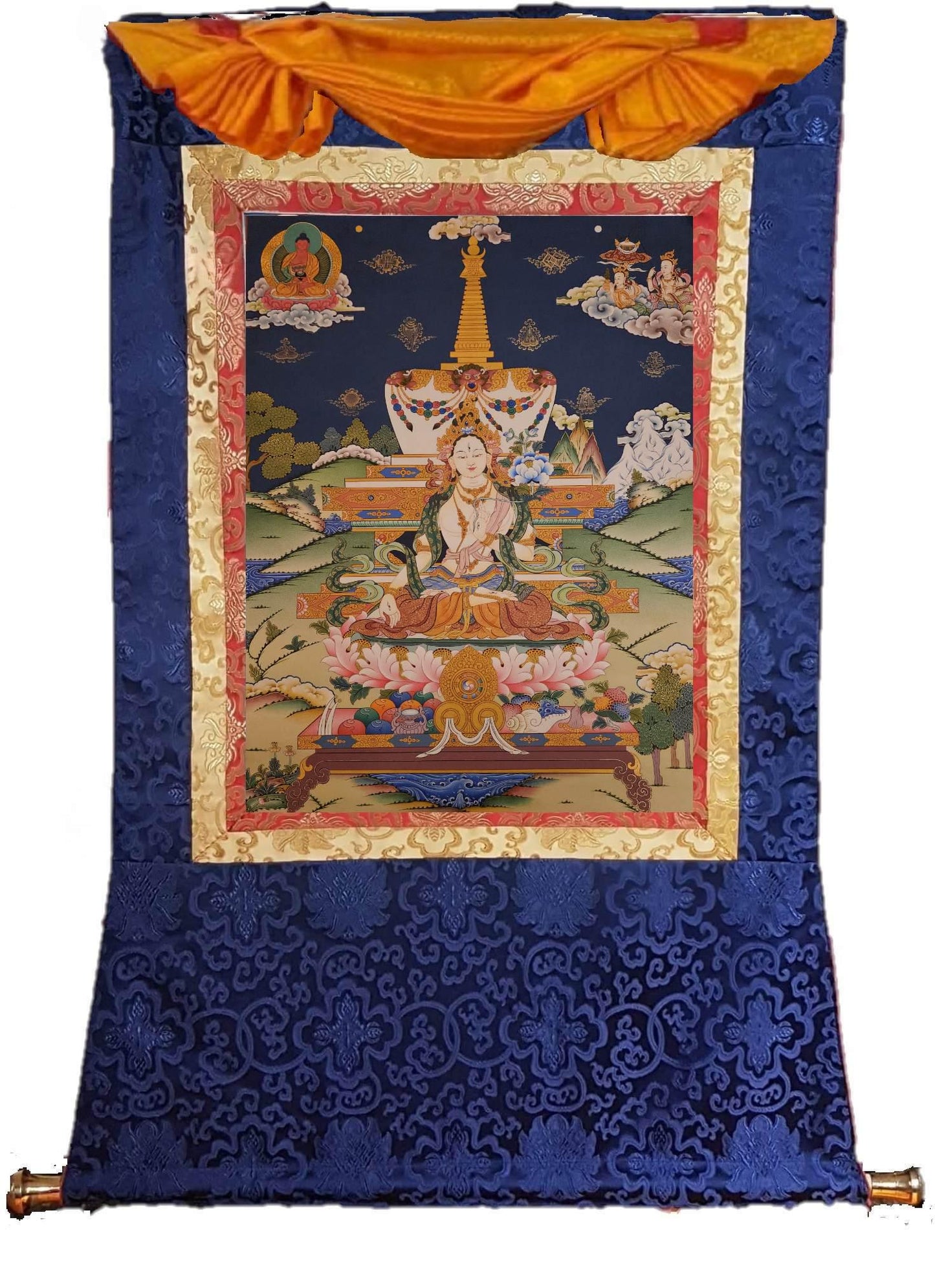 377. White Tara Stupa Thangka (Thanka). Free Brocade / Free Shipping.